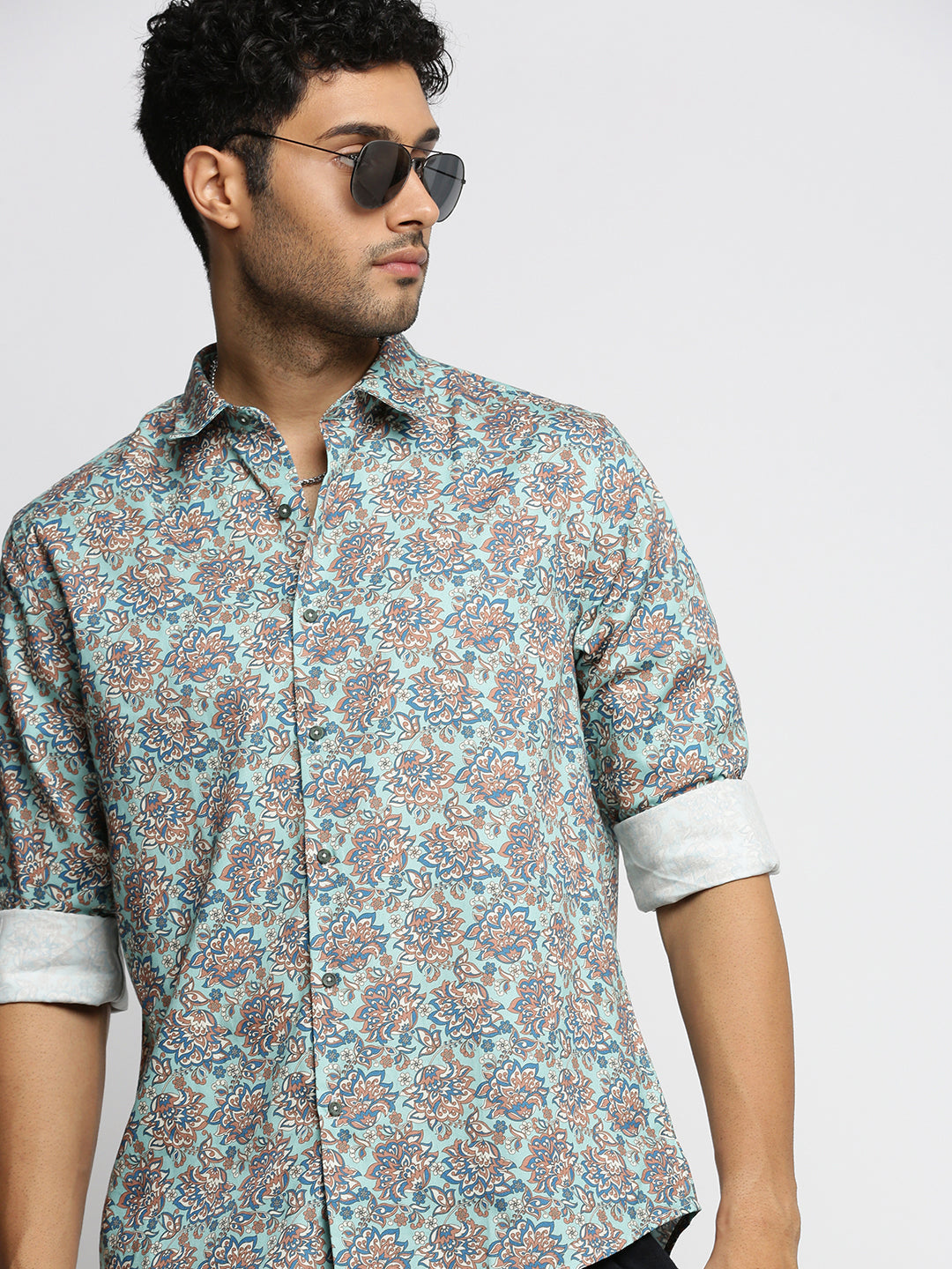 Men Sea Green Spread Collar Floral Shirt