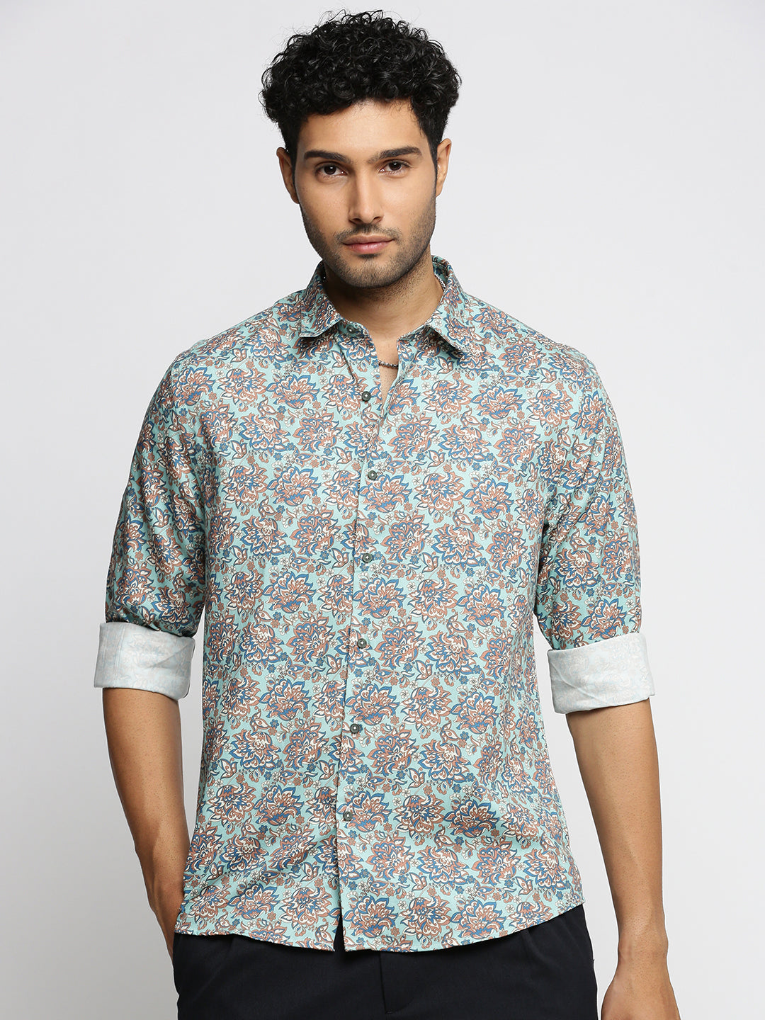 Men Sea Green Spread Collar Floral Shirt