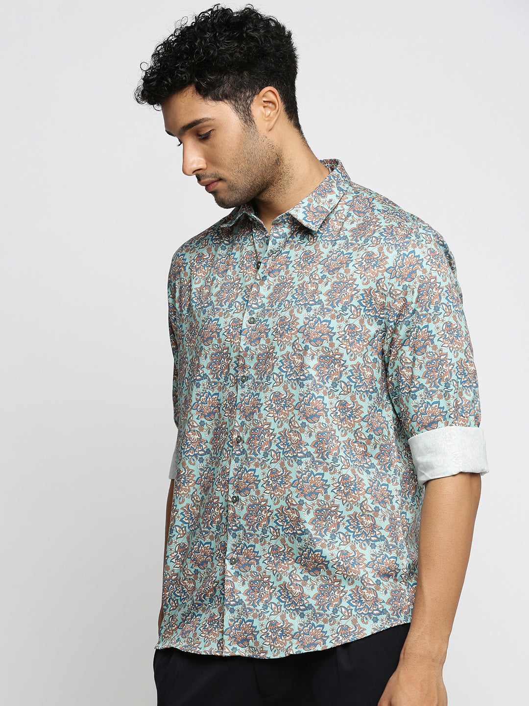 Men Sea Green Spread Collar Floral Shirt