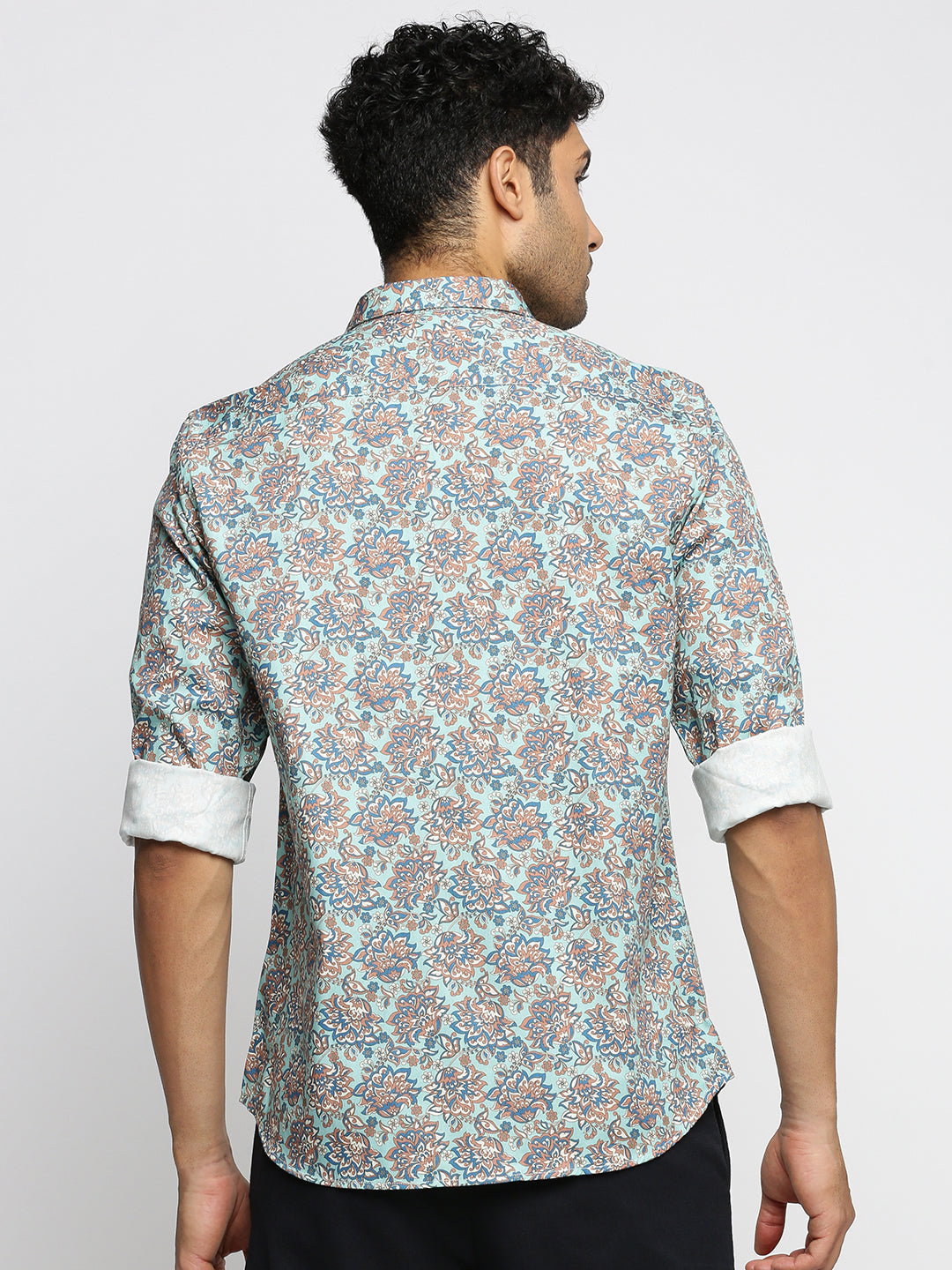 Men Sea Green Spread Collar Floral Shirt