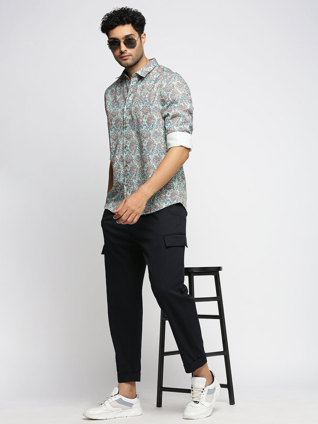 Men Sea Green Spread Collar Floral Shirt