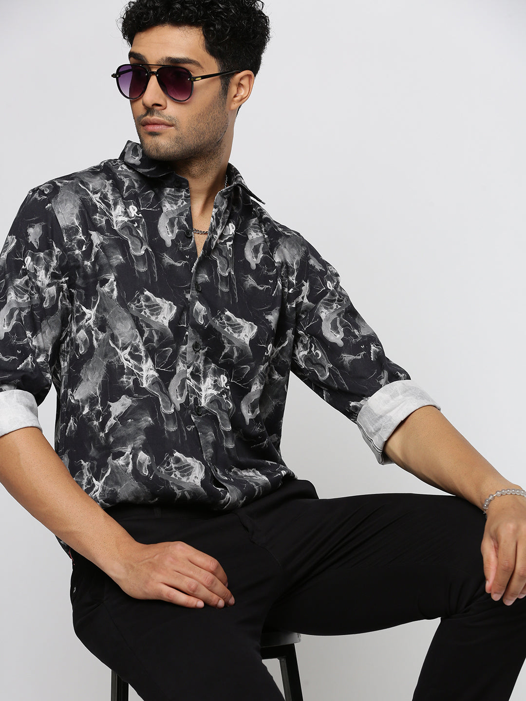 Men Black Spread Collar Abstract Shirt