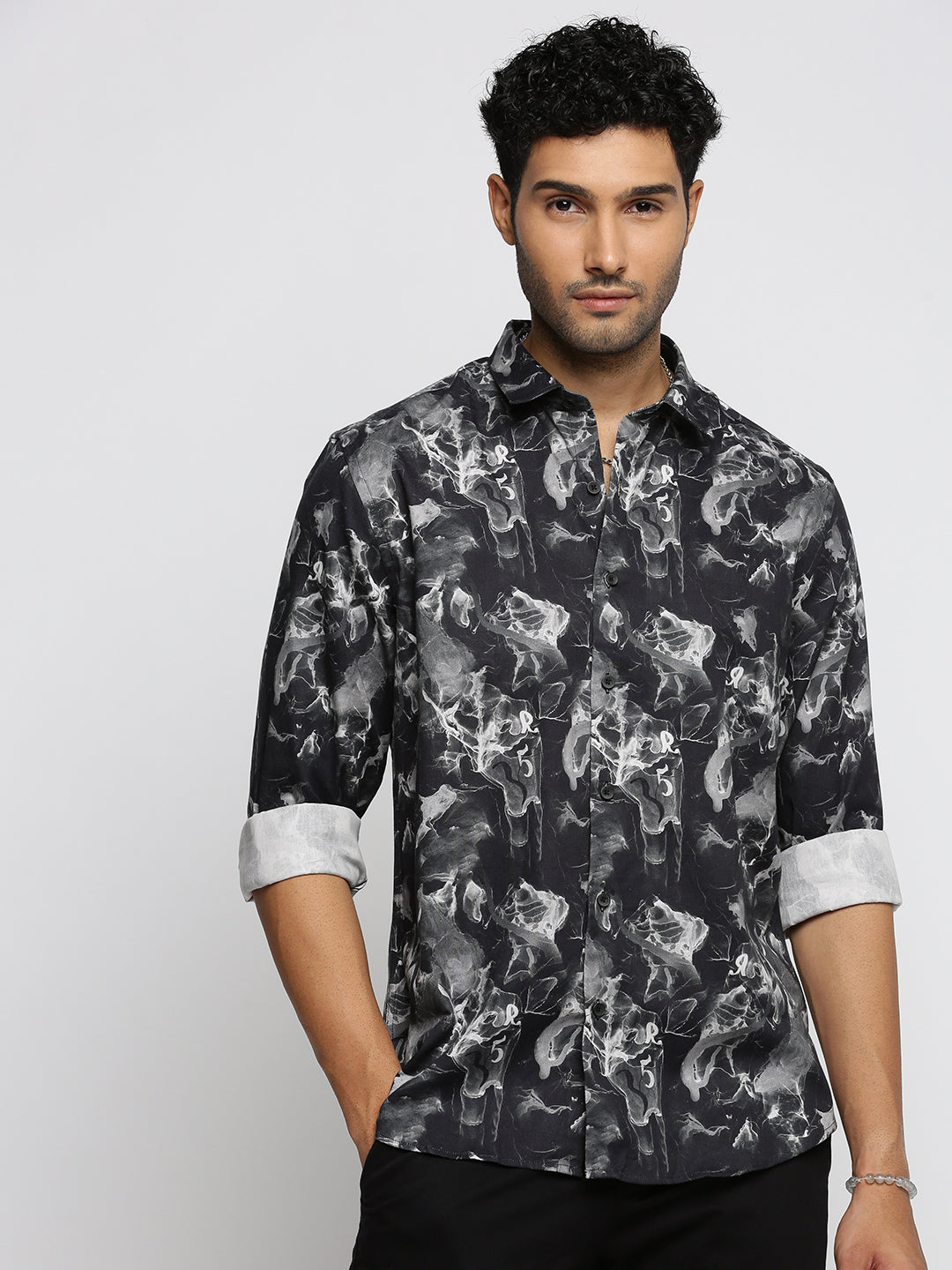 Men Black Spread Collar Abstract Shirt