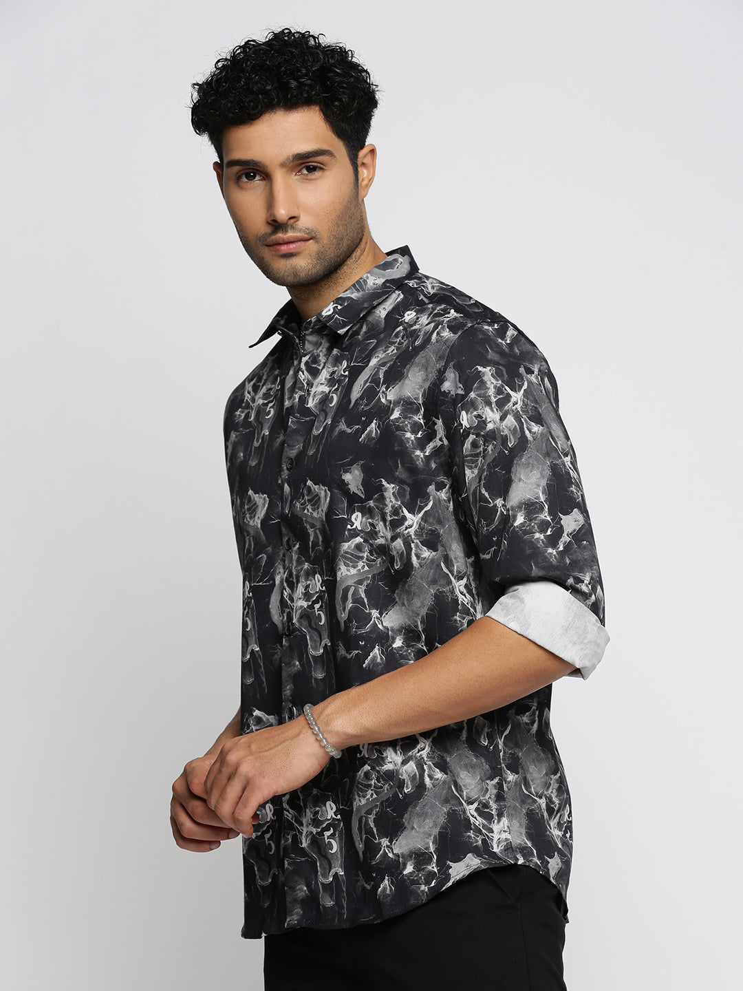 Men Black Spread Collar Abstract Shirt