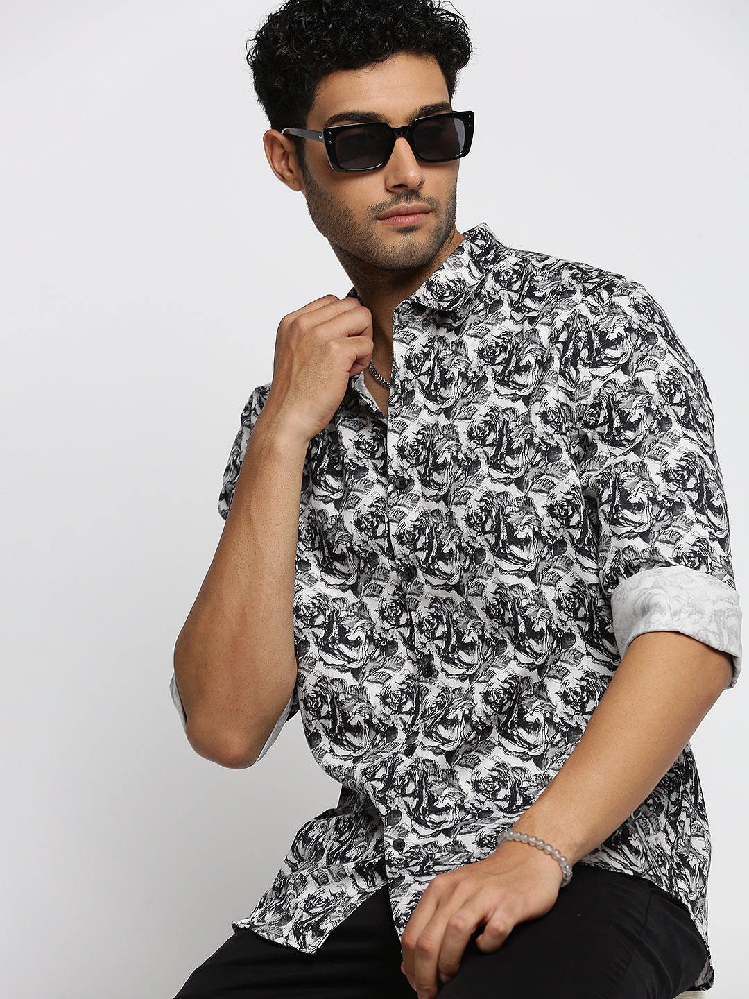 Men Black Spread Collar Abstract Shirt