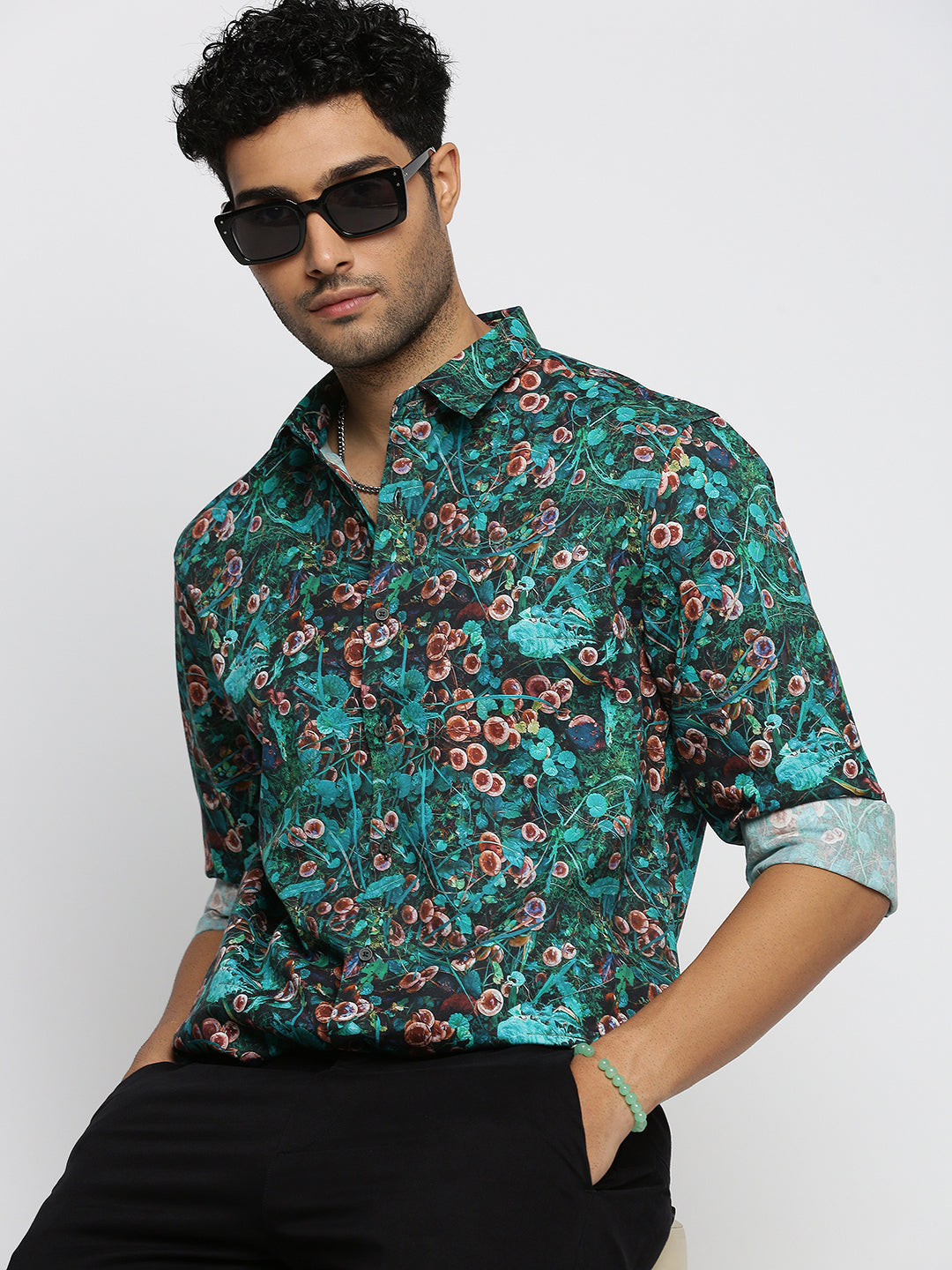 Men Blue Spread Collar Graphic Shirt