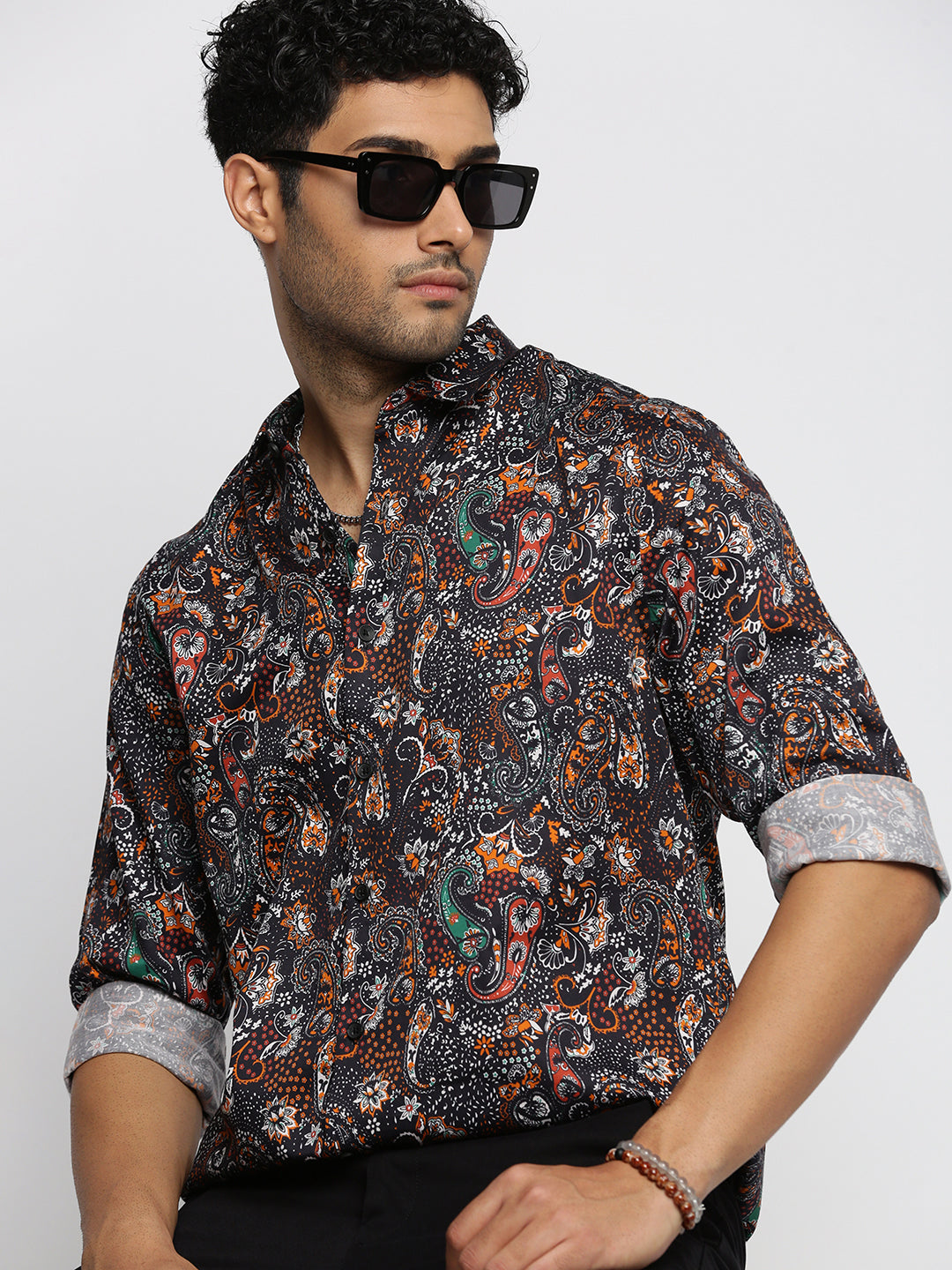 Men Black Spread Collar Ethnic Motifs Shirt