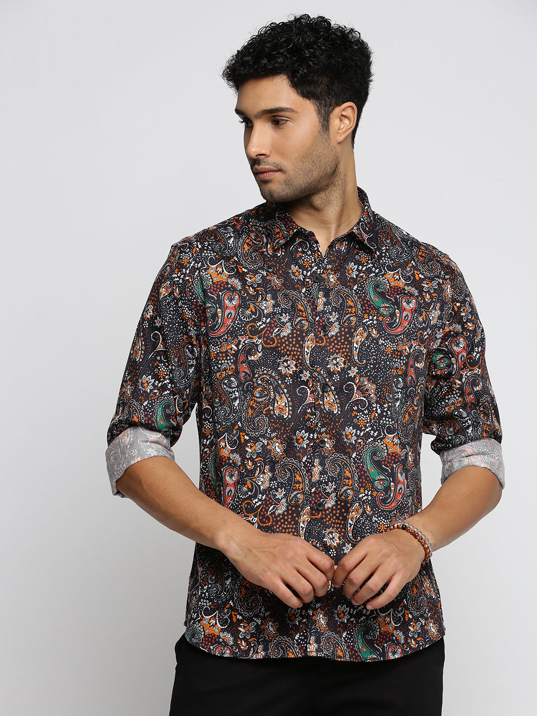 Men Black Spread Collar Ethnic Motifs Shirt