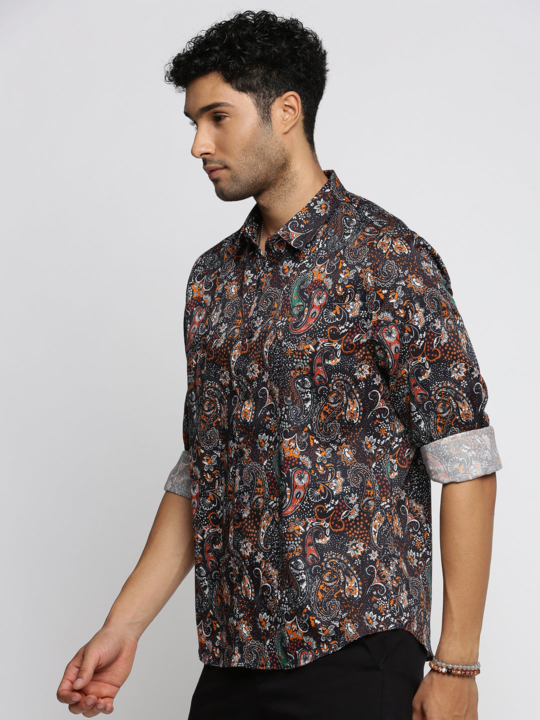 Men Black Spread Collar Ethnic Motifs Shirt