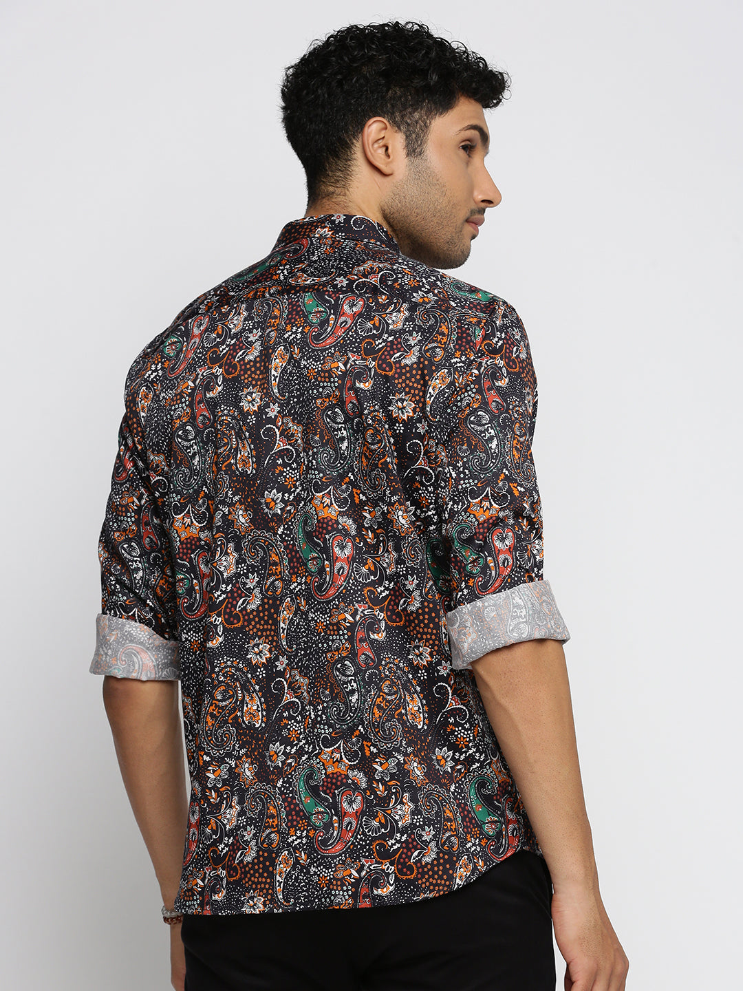 Men Black Spread Collar Ethnic Motifs Shirt