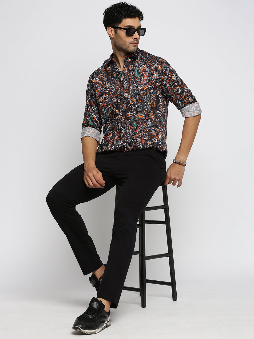 Men Black Spread Collar Ethnic Motifs Shirt