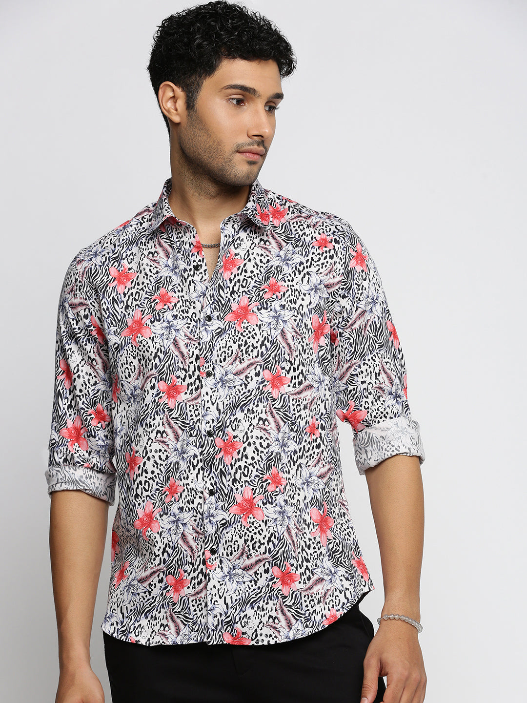 Men Off White Spread Collar Floral Shirt