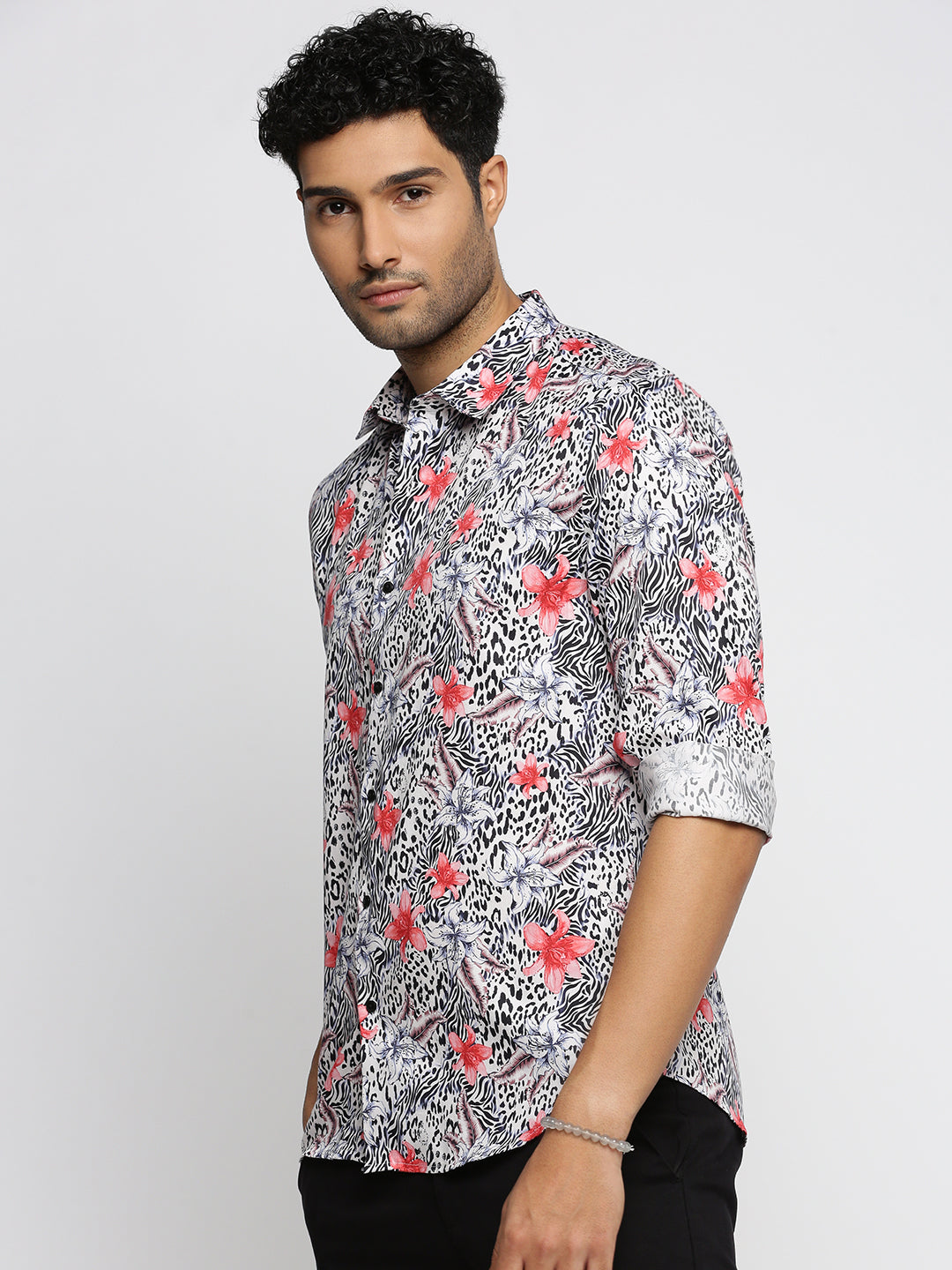 Men Off White Spread Collar Floral Shirt