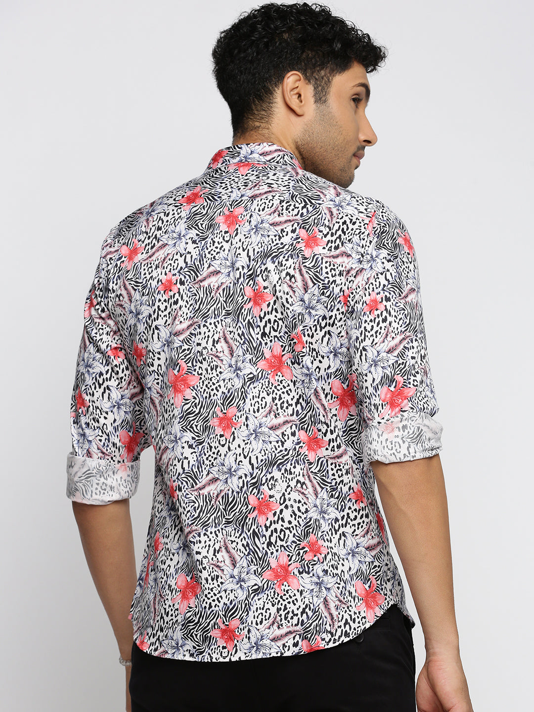 Men Off White Spread Collar Floral Shirt