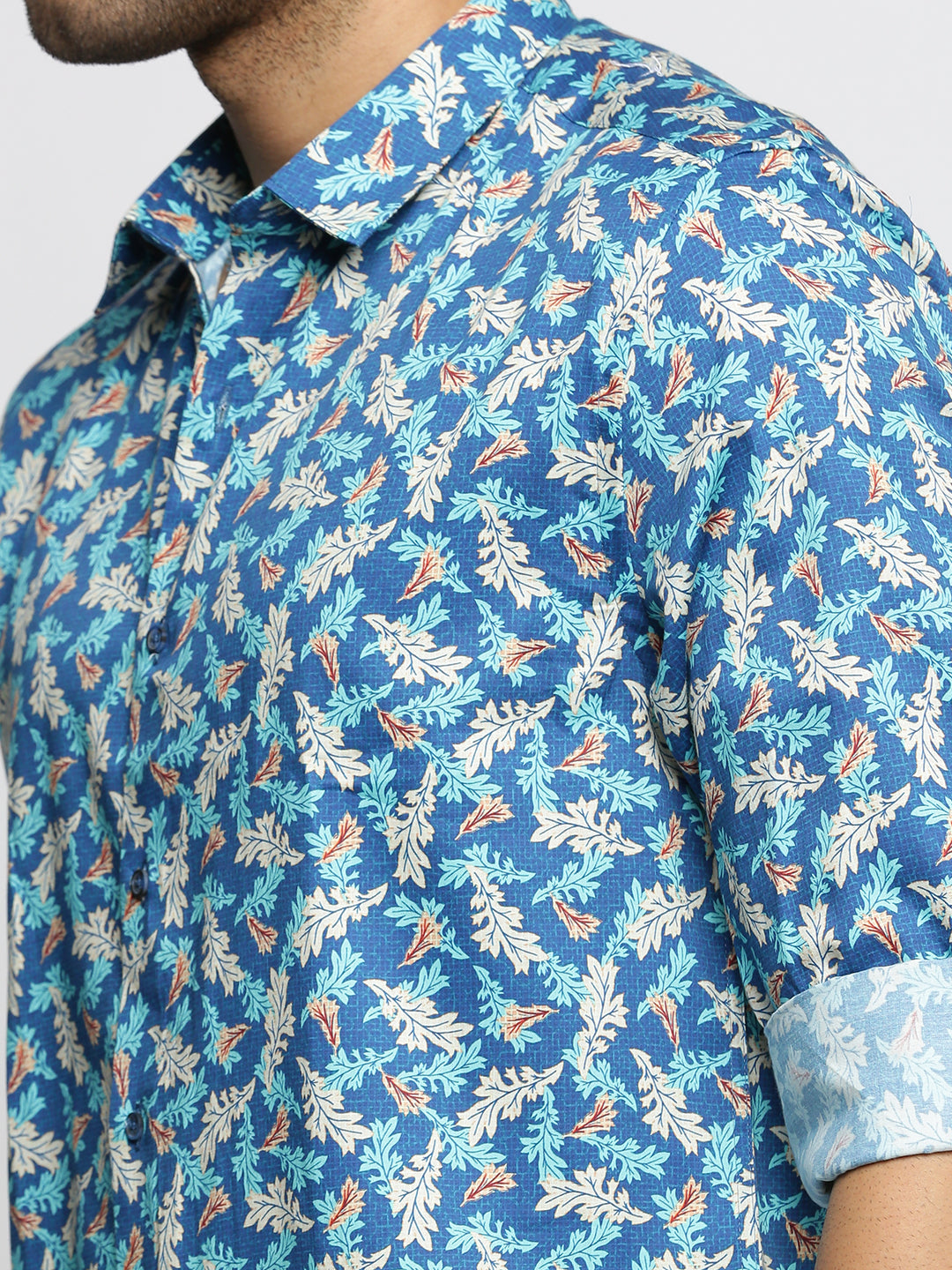 Men Blue Spread Collar Floral Shirt