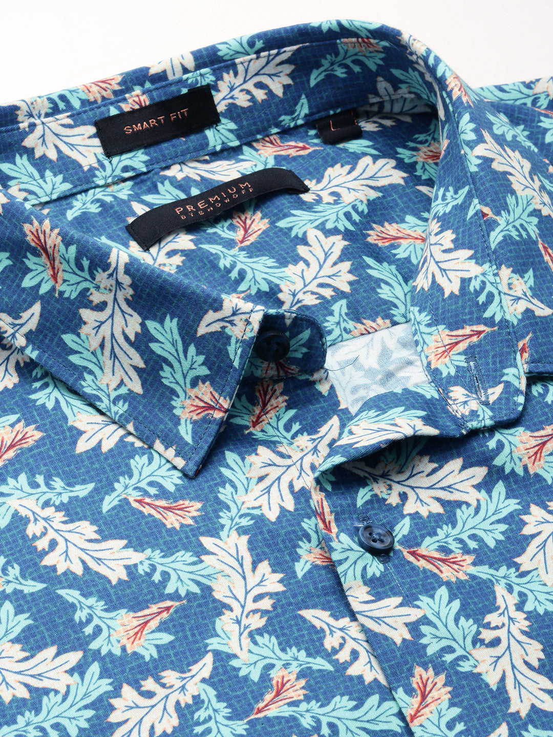 Men Blue Spread Collar Floral Shirt