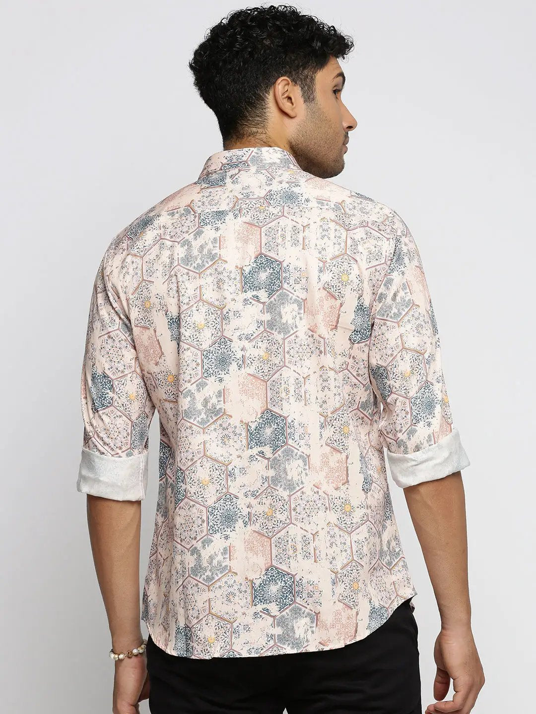 Men's Cream Spread Collar Geometric Shirt