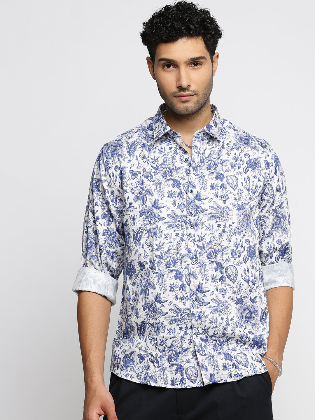 Men Blue Spread Collar Floral Shirt