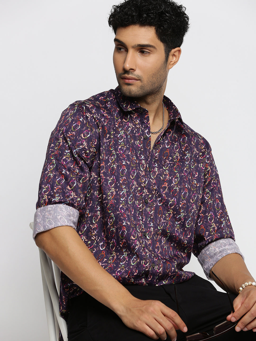 Men Purple Spread Collar Abstract Shirt