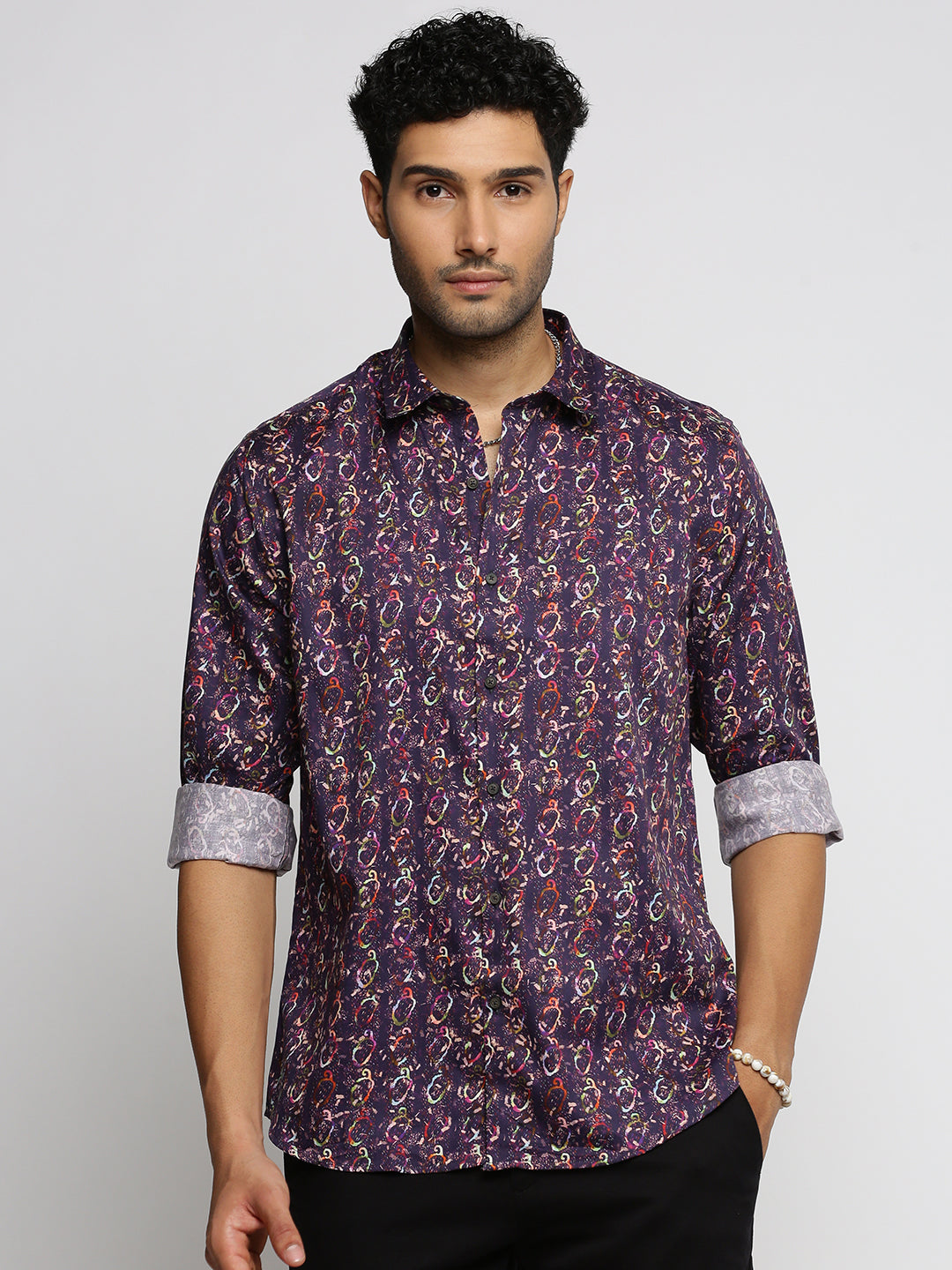 Men Purple Spread Collar Abstract Shirt