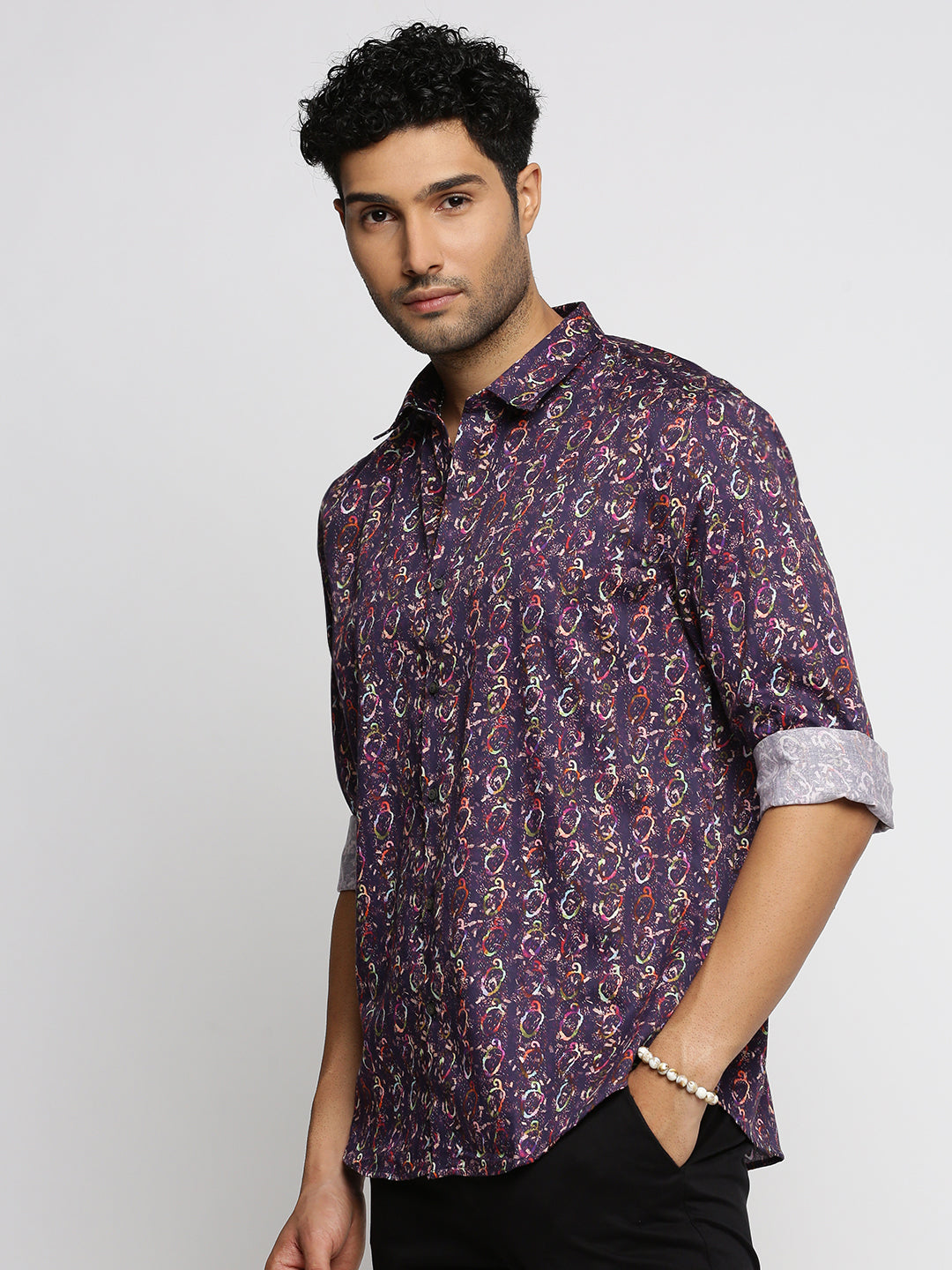 Men Purple Spread Collar Abstract Shirt