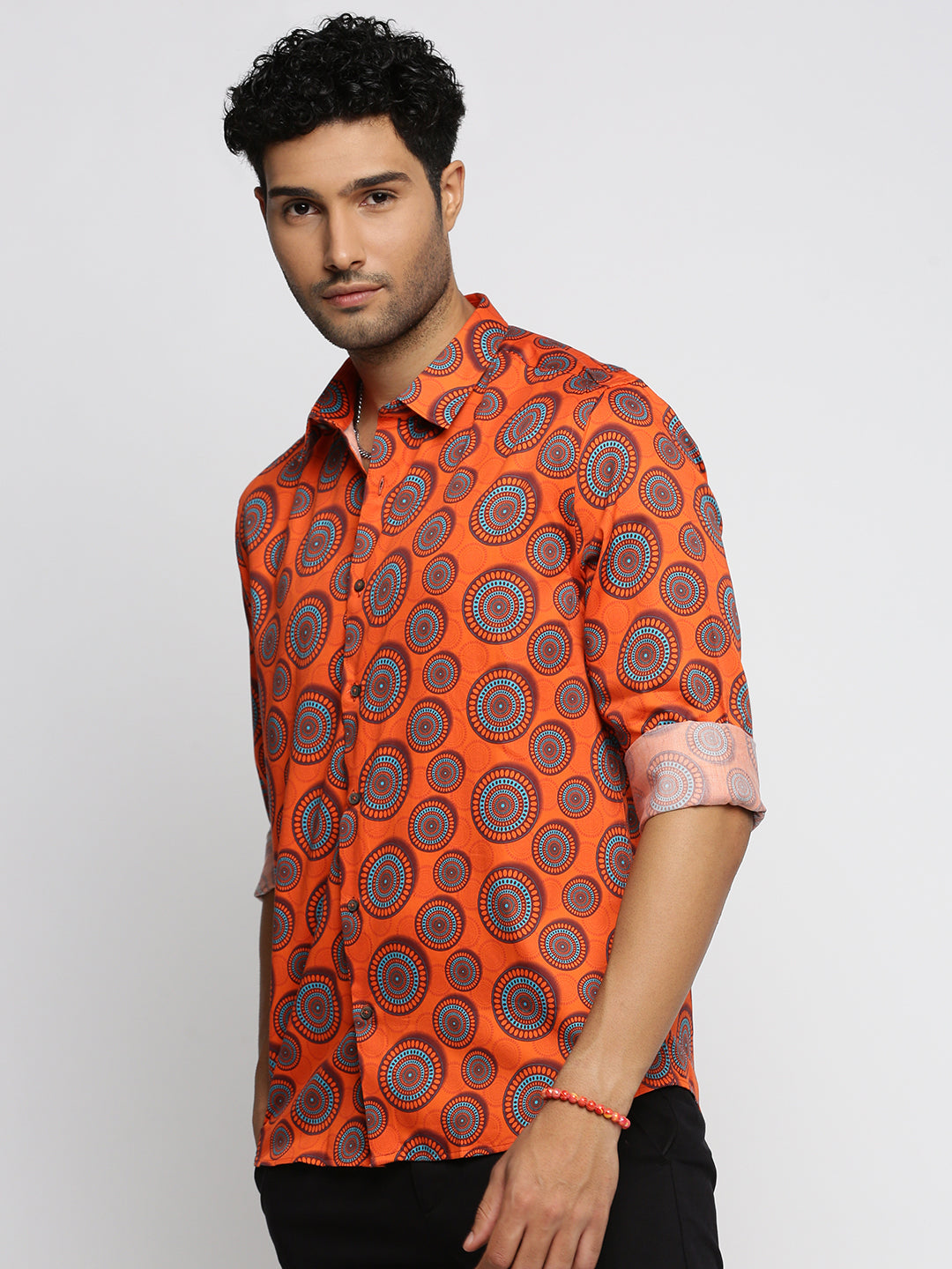 Men Orange Spread Collar Ethnic Motifs Shirt