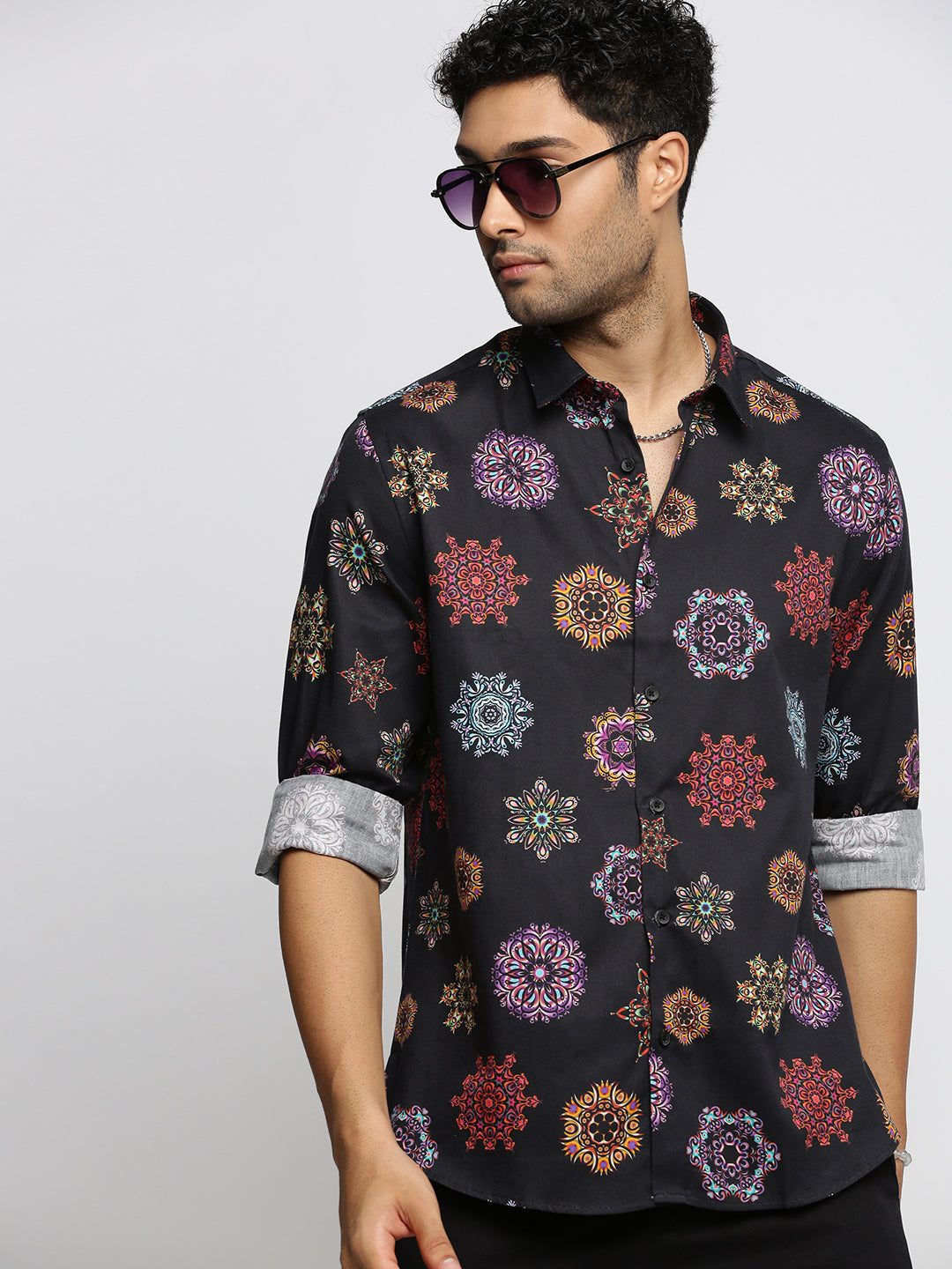 Men Black Spread Collar Ethnic Motifs Shirt