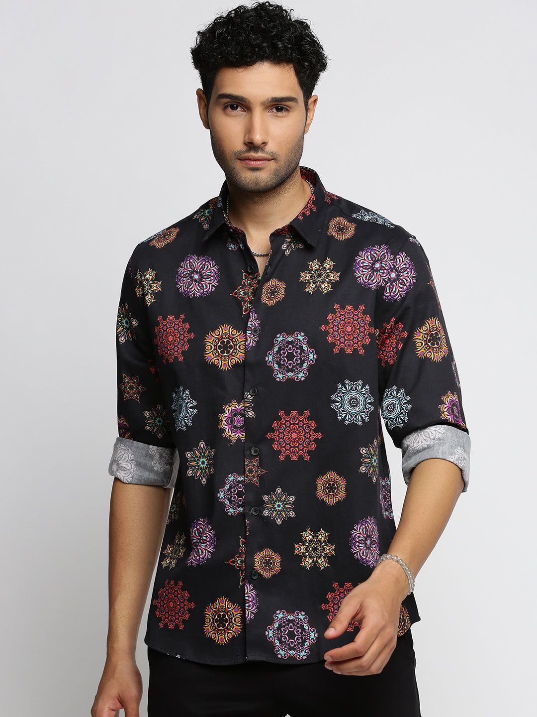 Men Black Spread Collar Ethnic Motifs Shirt