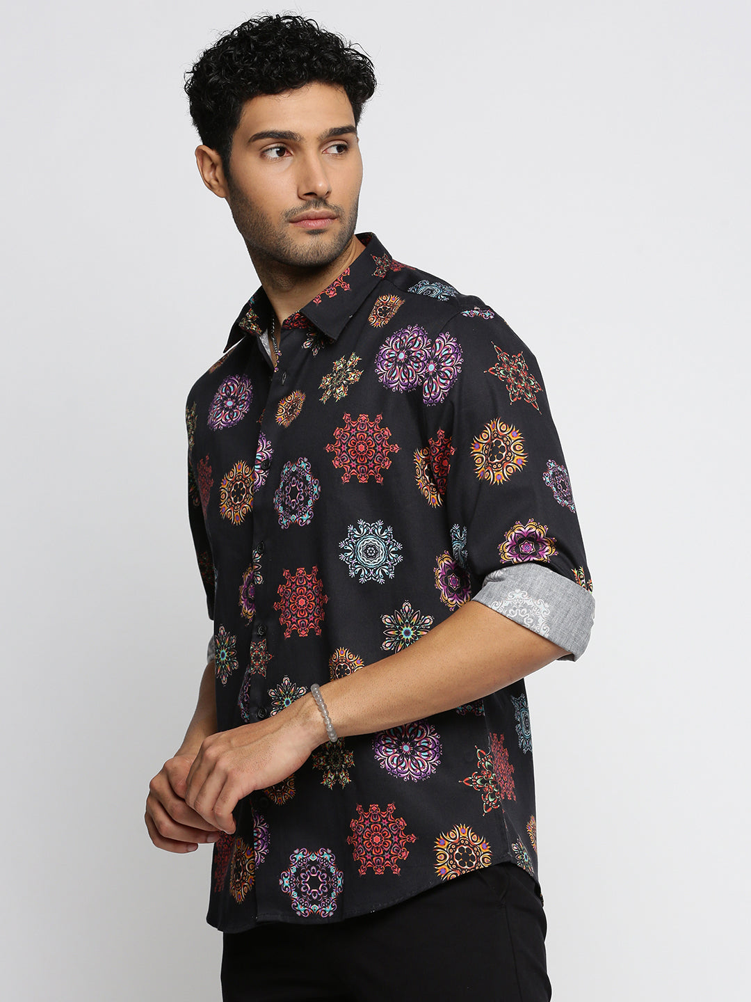 Men Black Spread Collar Ethnic Motifs Shirt