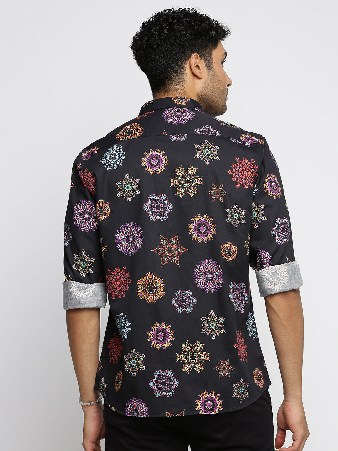 Men Black Spread Collar Ethnic Motifs Shirt