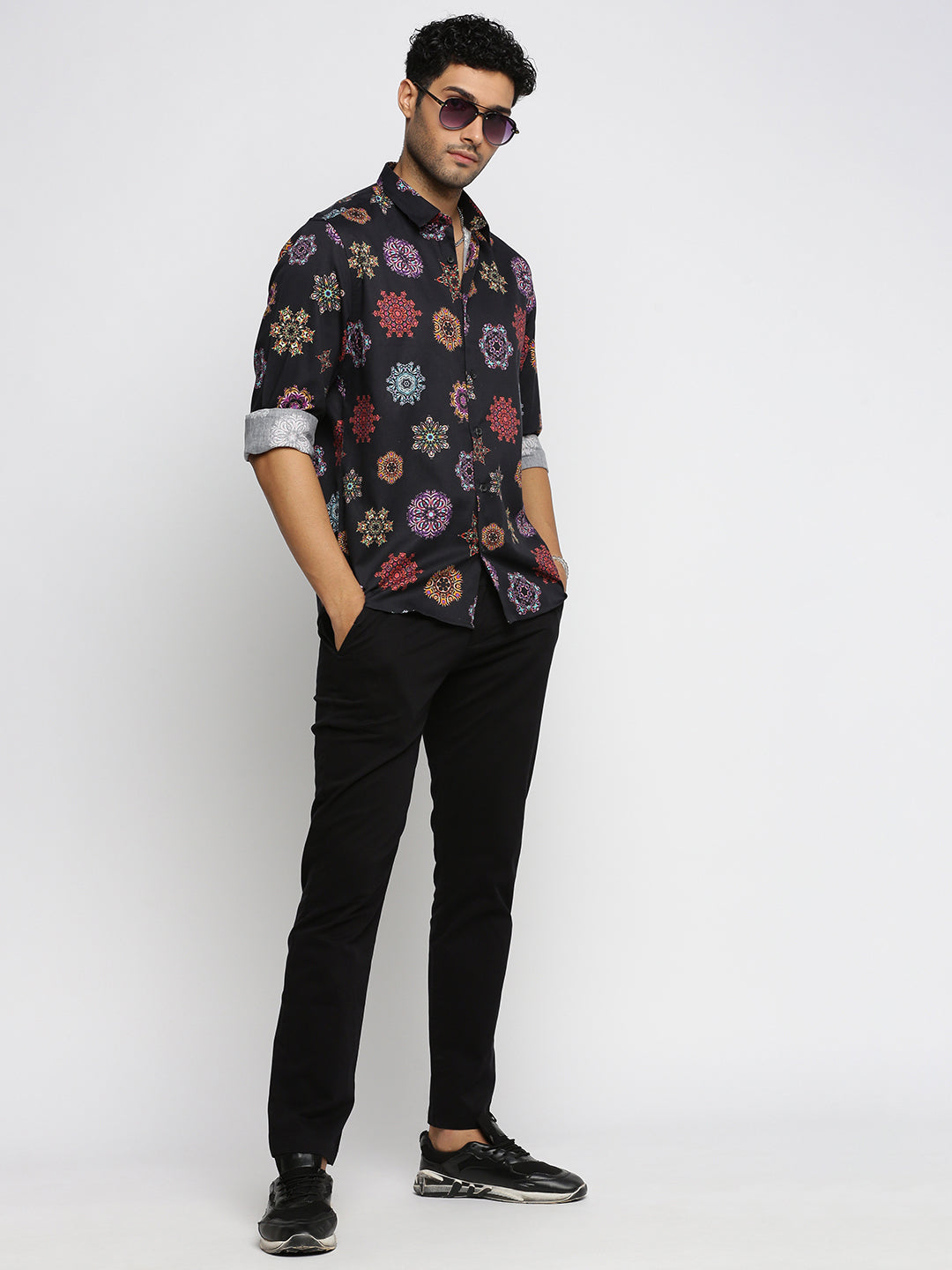 Men Black Spread Collar Ethnic Motifs Shirt