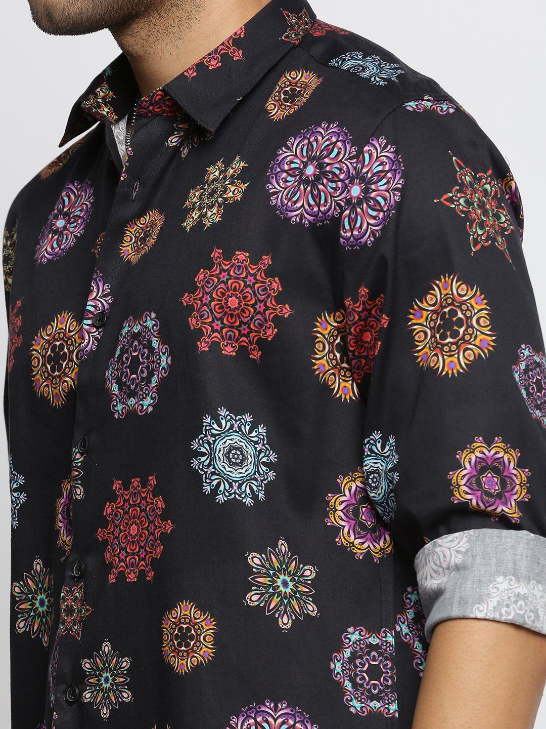 Men Black Spread Collar Ethnic Motifs Shirt