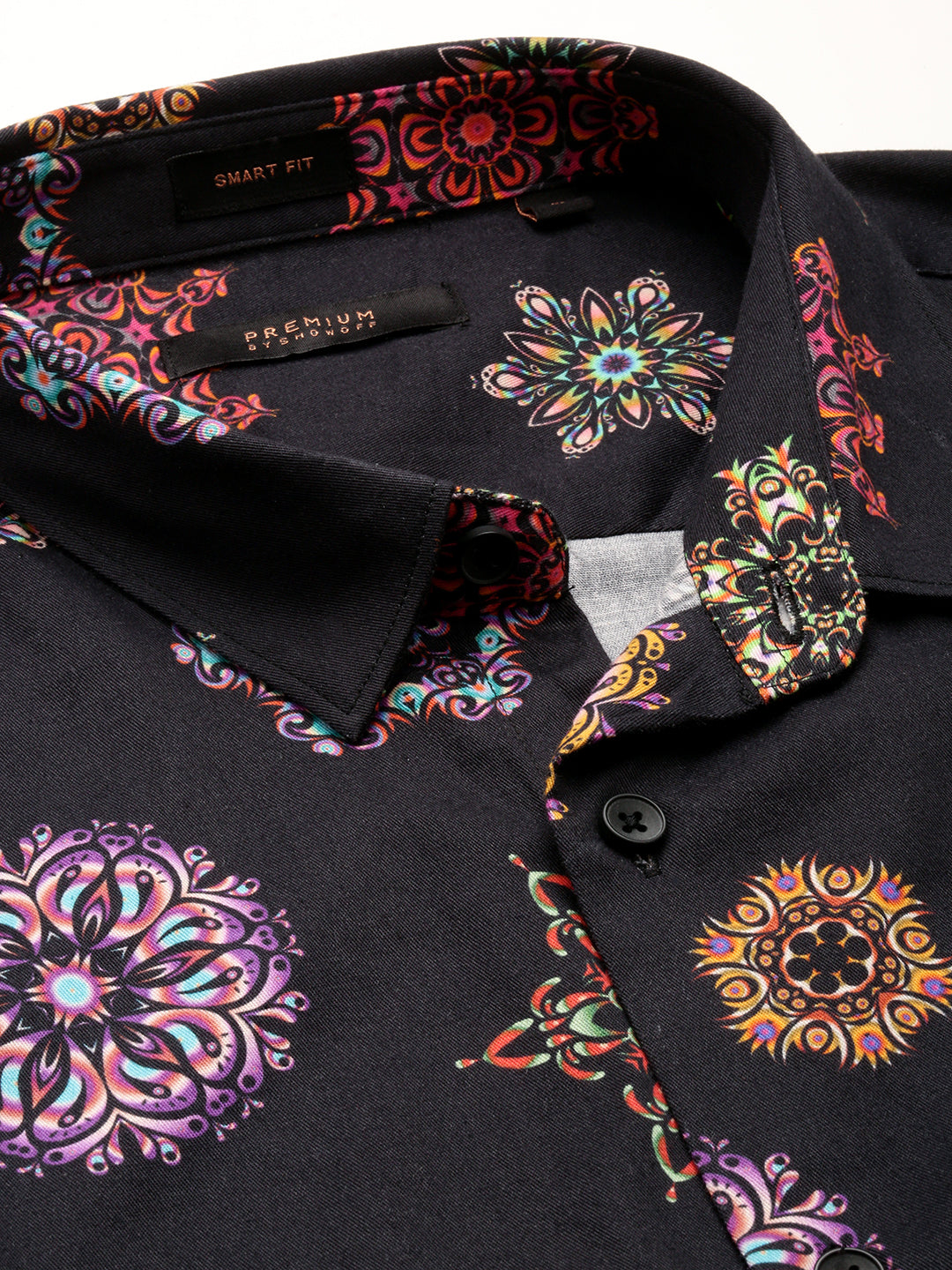 Men Black Spread Collar Ethnic Motifs Shirt