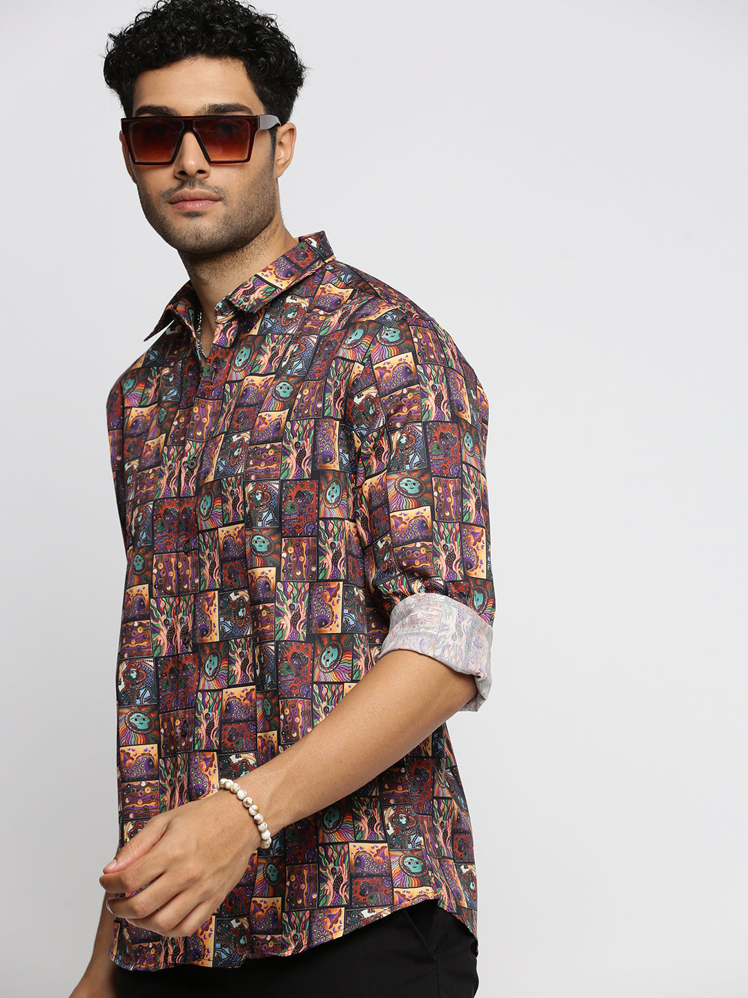 Men Brown Spread Collar Ethnic Motifs Shirt