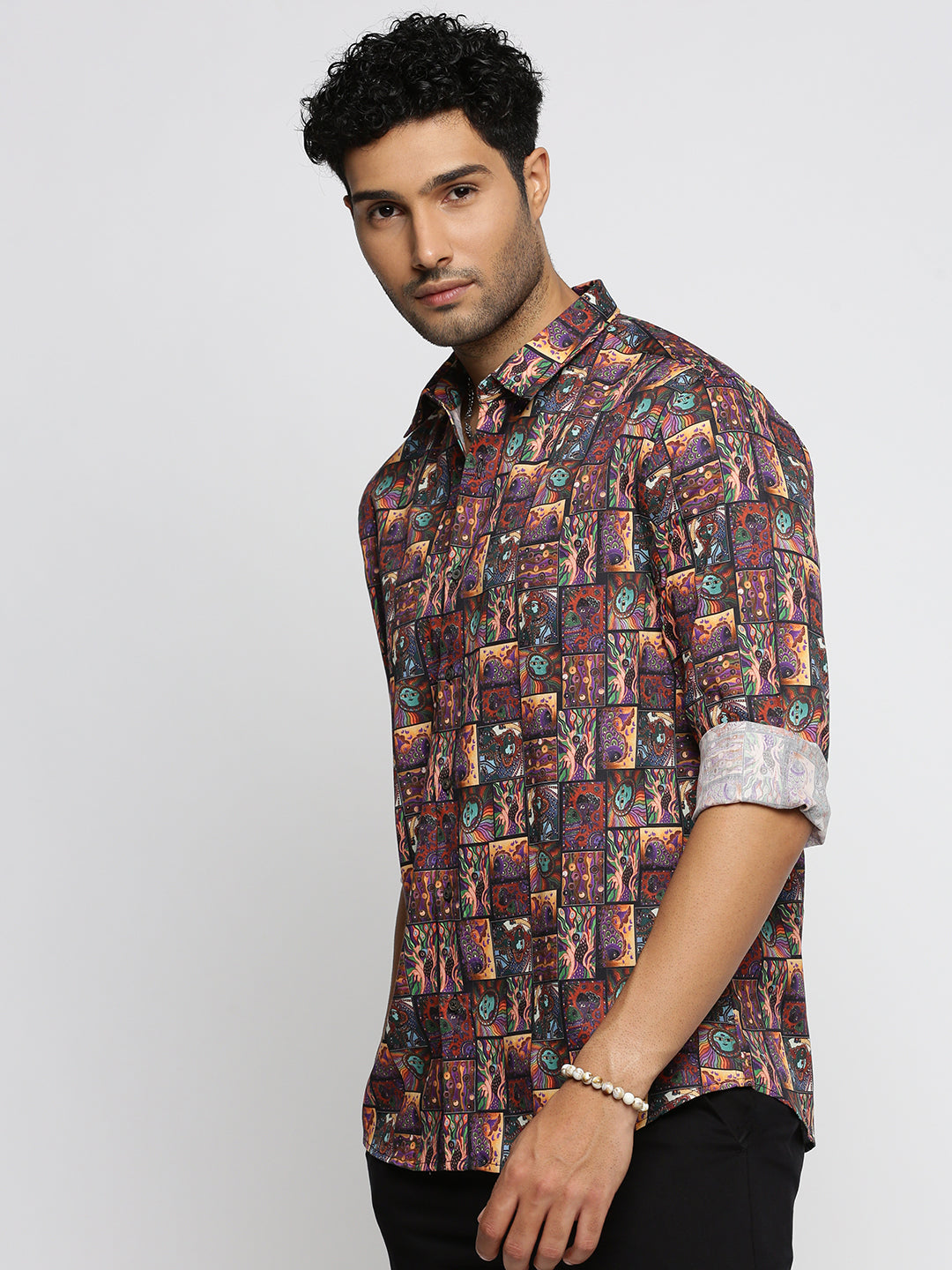 Men Brown Spread Collar Ethnic Motifs Shirt