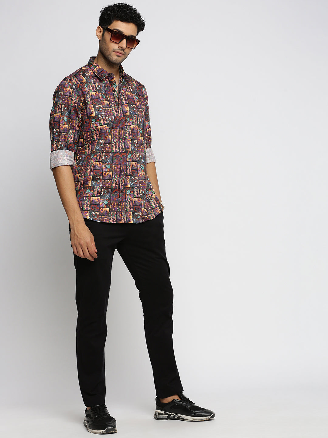 Men Brown Spread Collar Ethnic Motifs Shirt