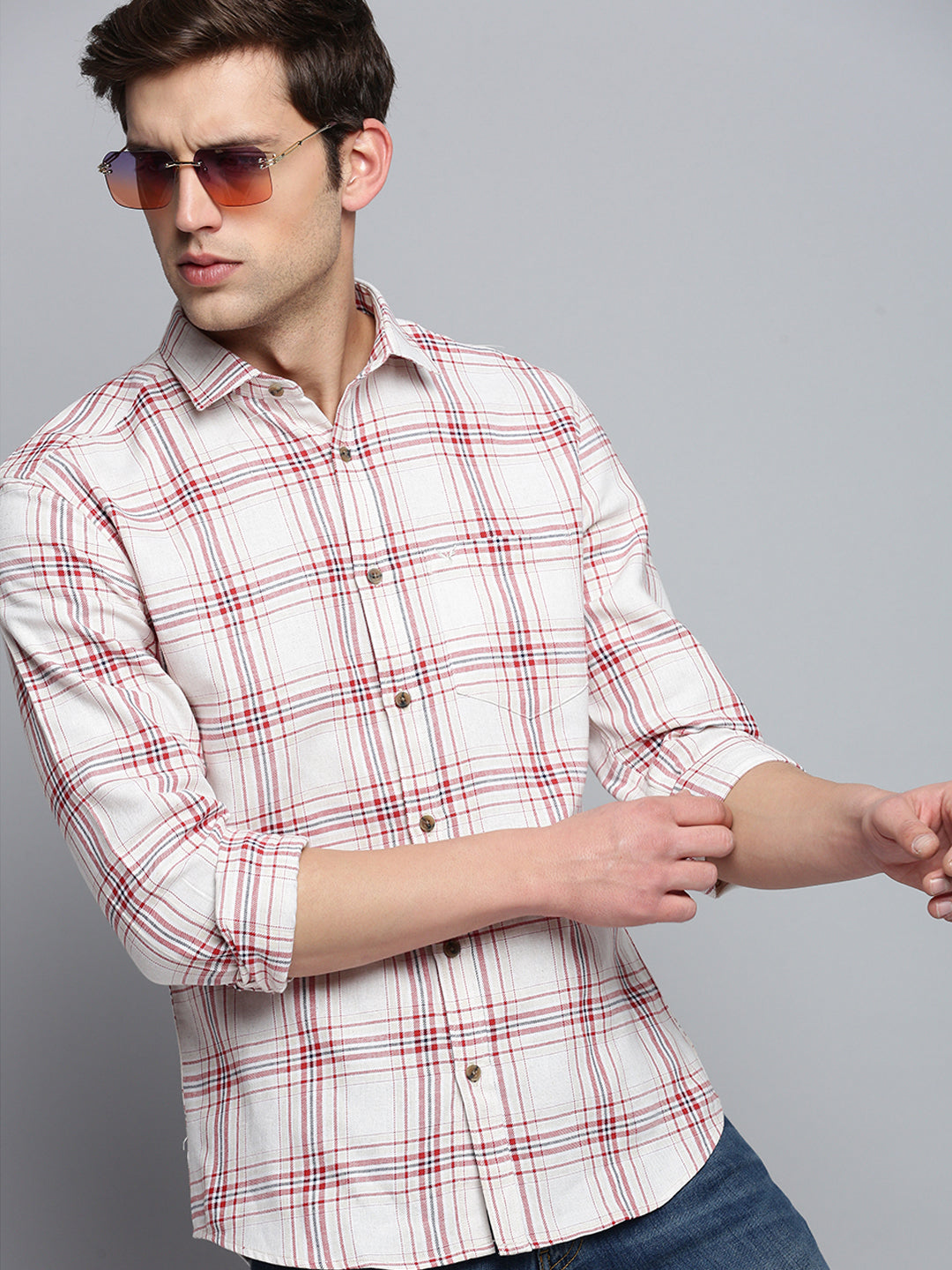 Men Beige Checked Casual Shirt