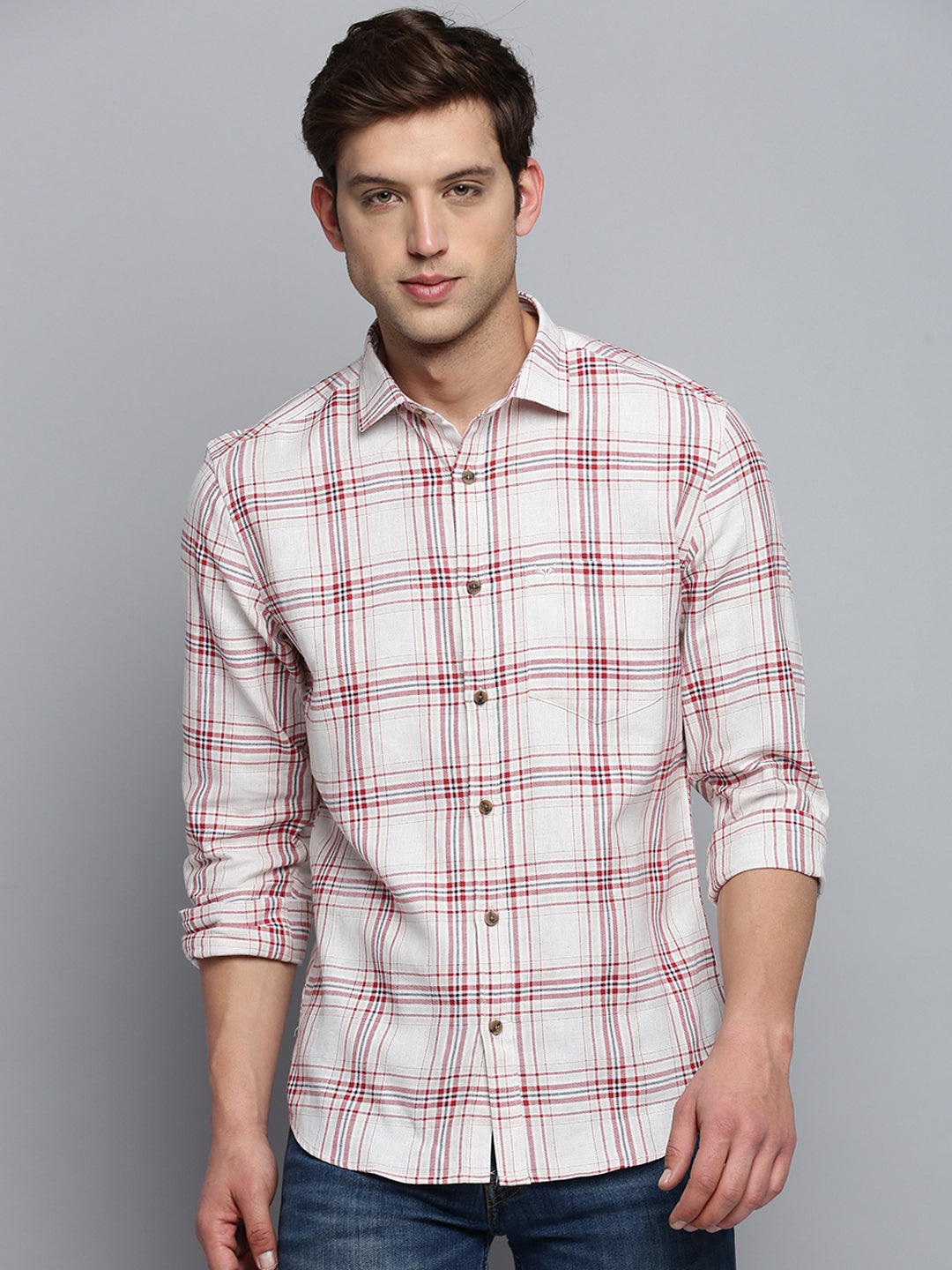 Men Beige Checked Casual Shirt