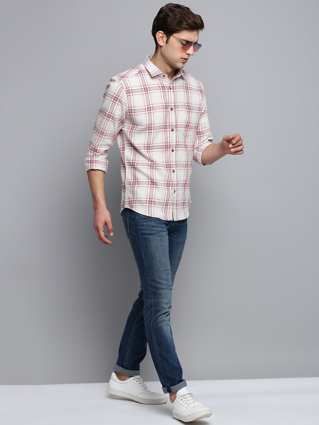 Men Beige Checked Casual Shirt