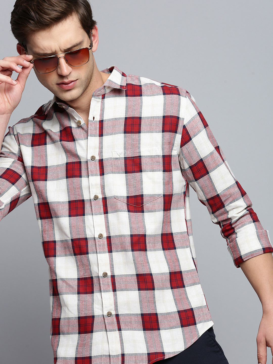 Men Beige Checked Casual Shirt