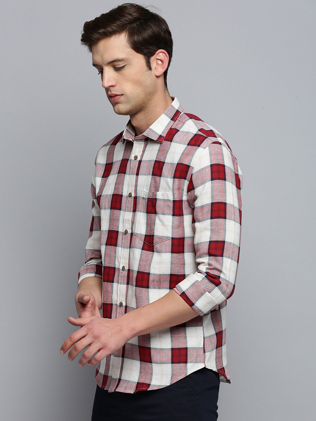 Men Beige Checked Casual Shirt