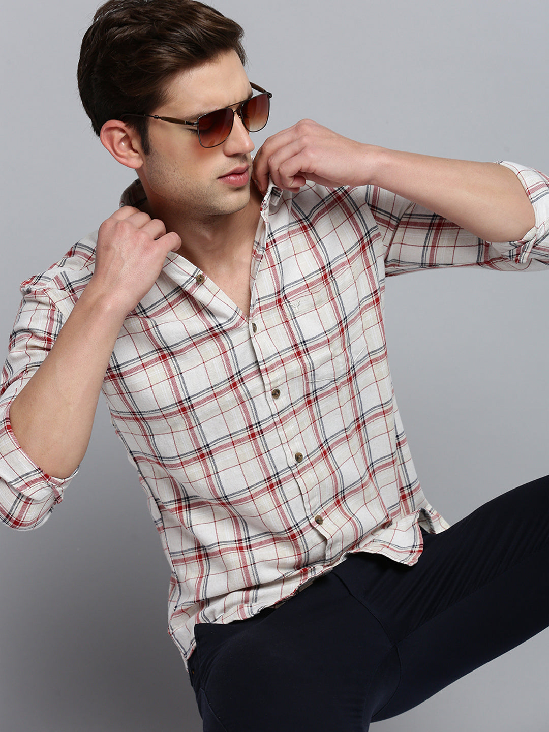 Men Beige Checked Casual Shirt