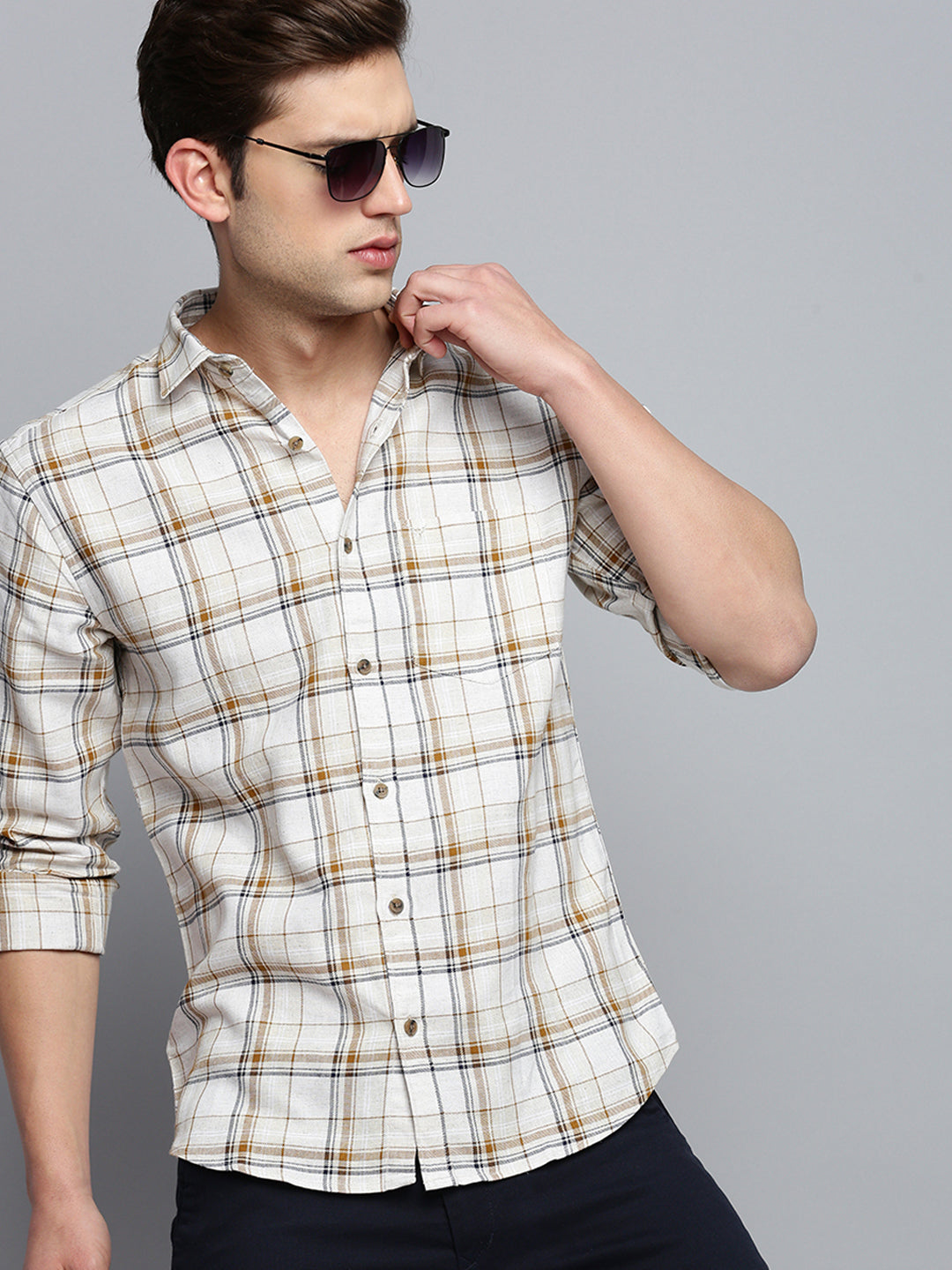 Men Beige Checked Casual Shirt