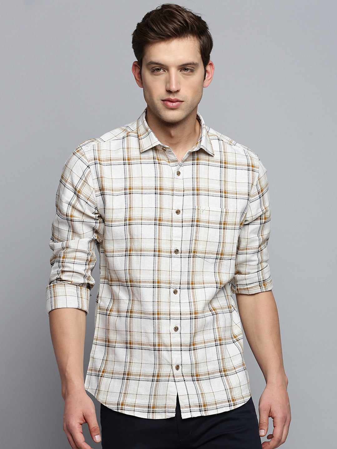 Men Beige Checked Casual Shirt