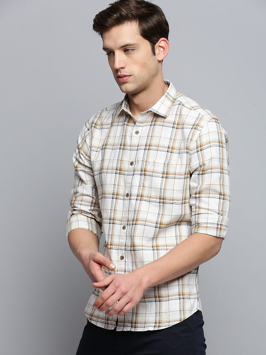 Men Beige Checked Casual Shirt