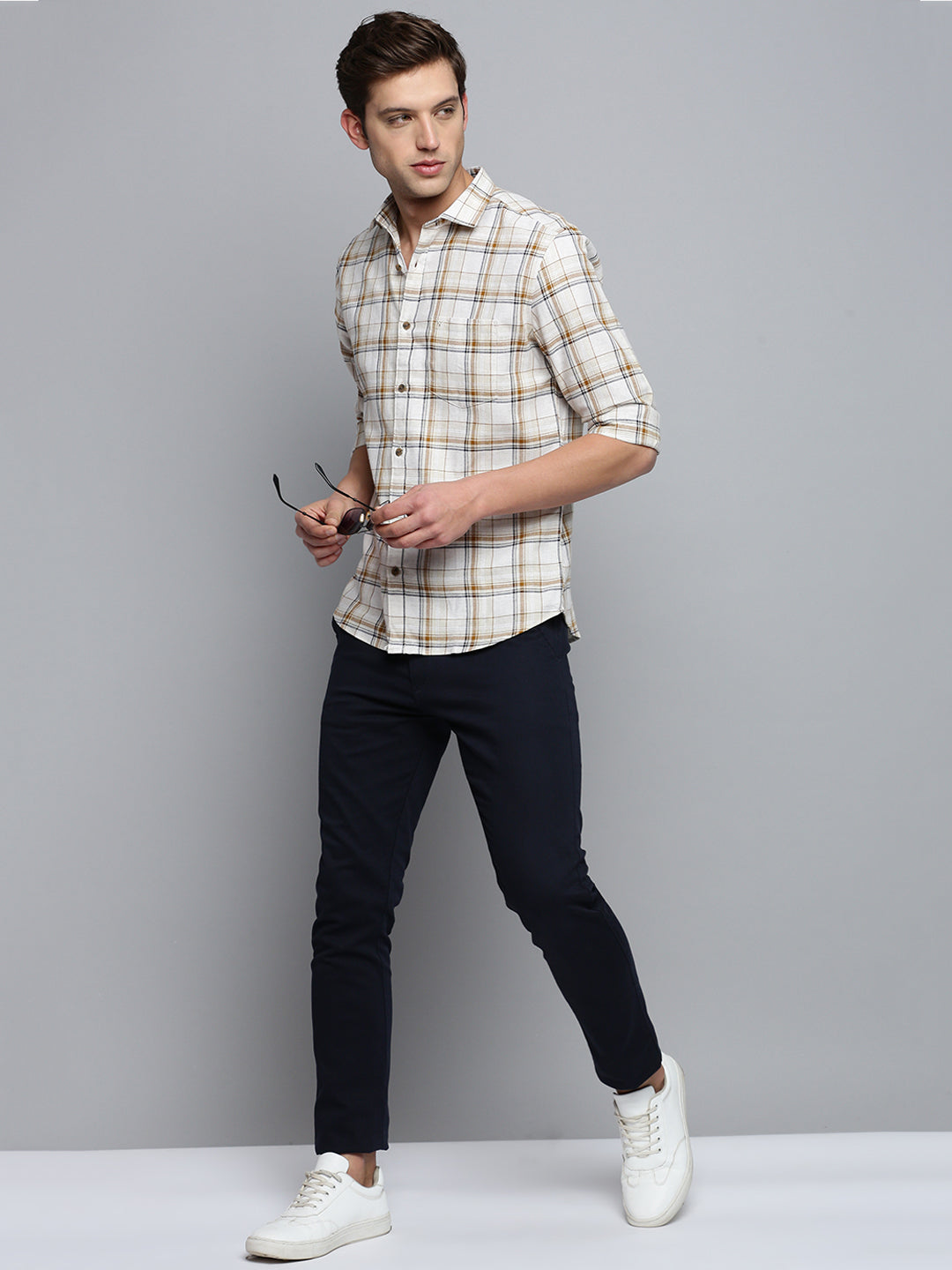 Men Beige Checked Casual Shirt