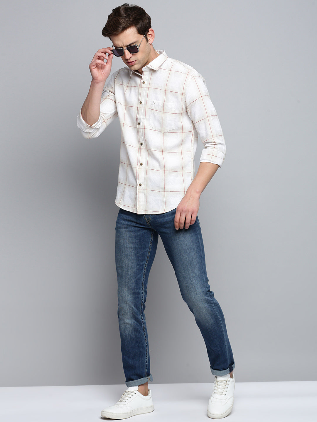 Men Beige Checked Casual Shirt