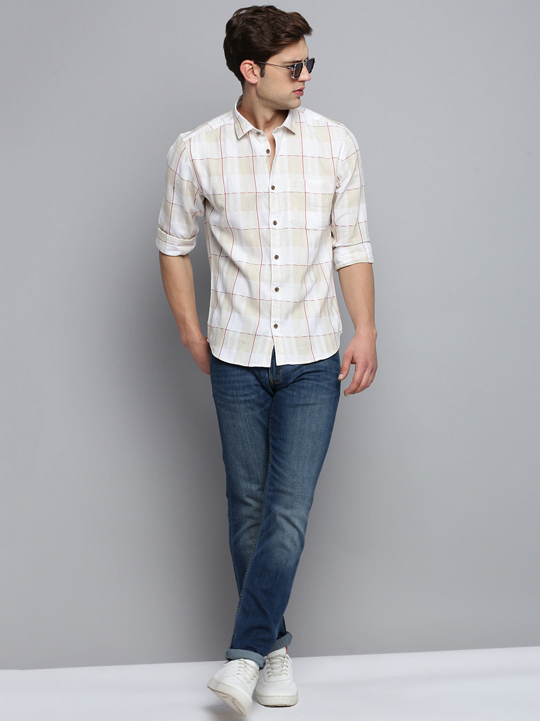 Men White Checked Casual Shirt