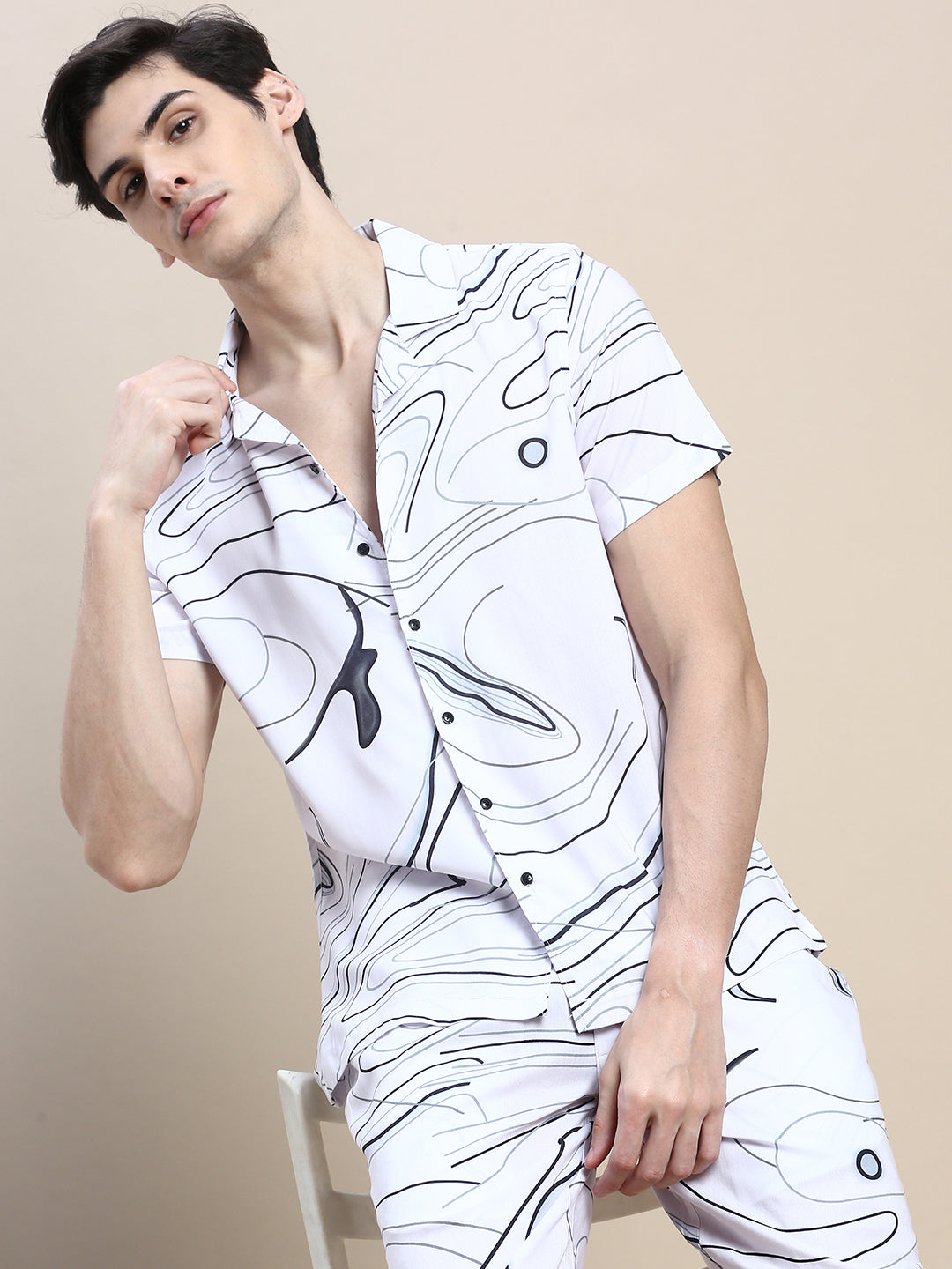 Men White Printed Casual Co ord Set