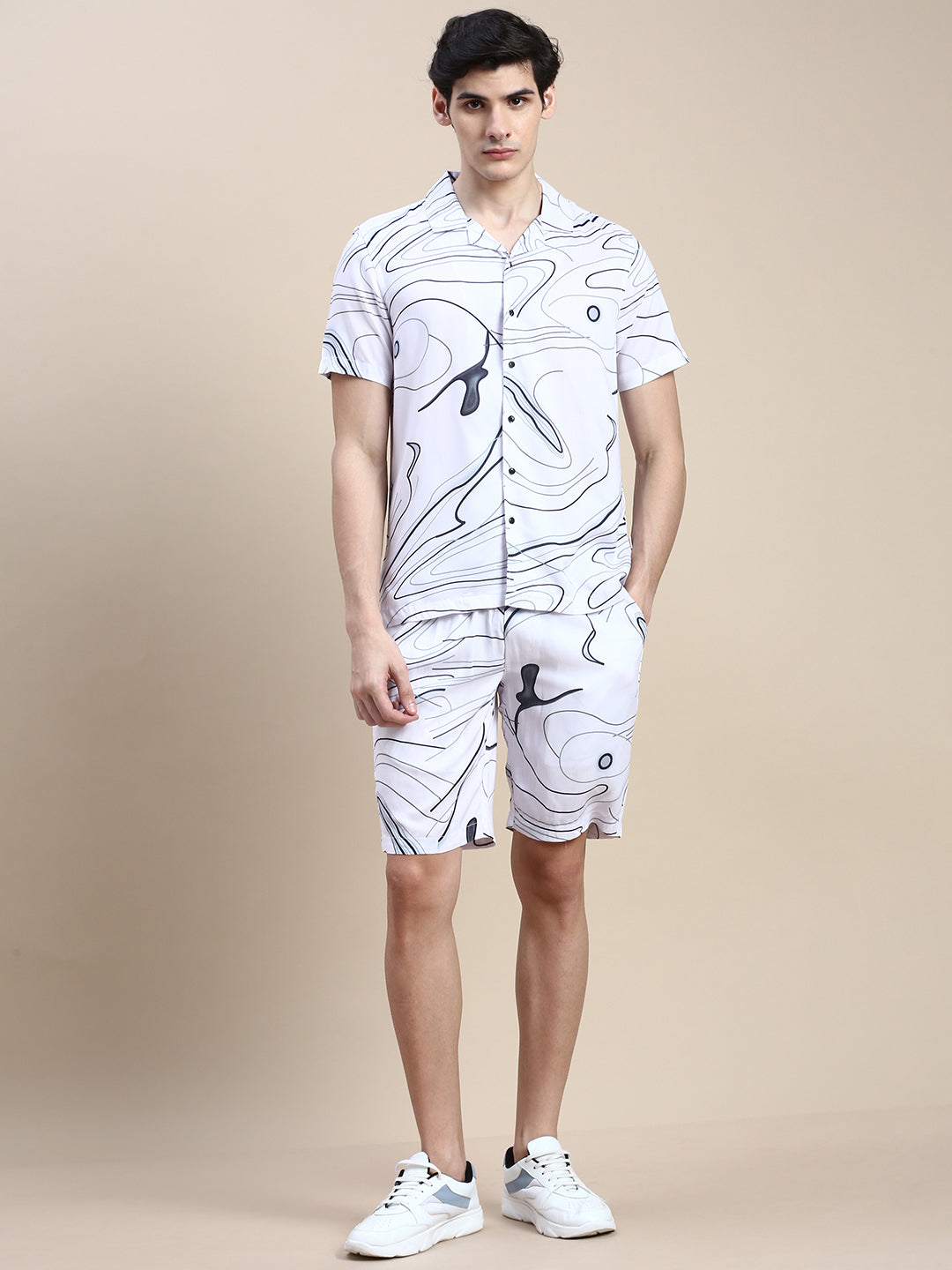 Men White Printed Casual Co ord Set